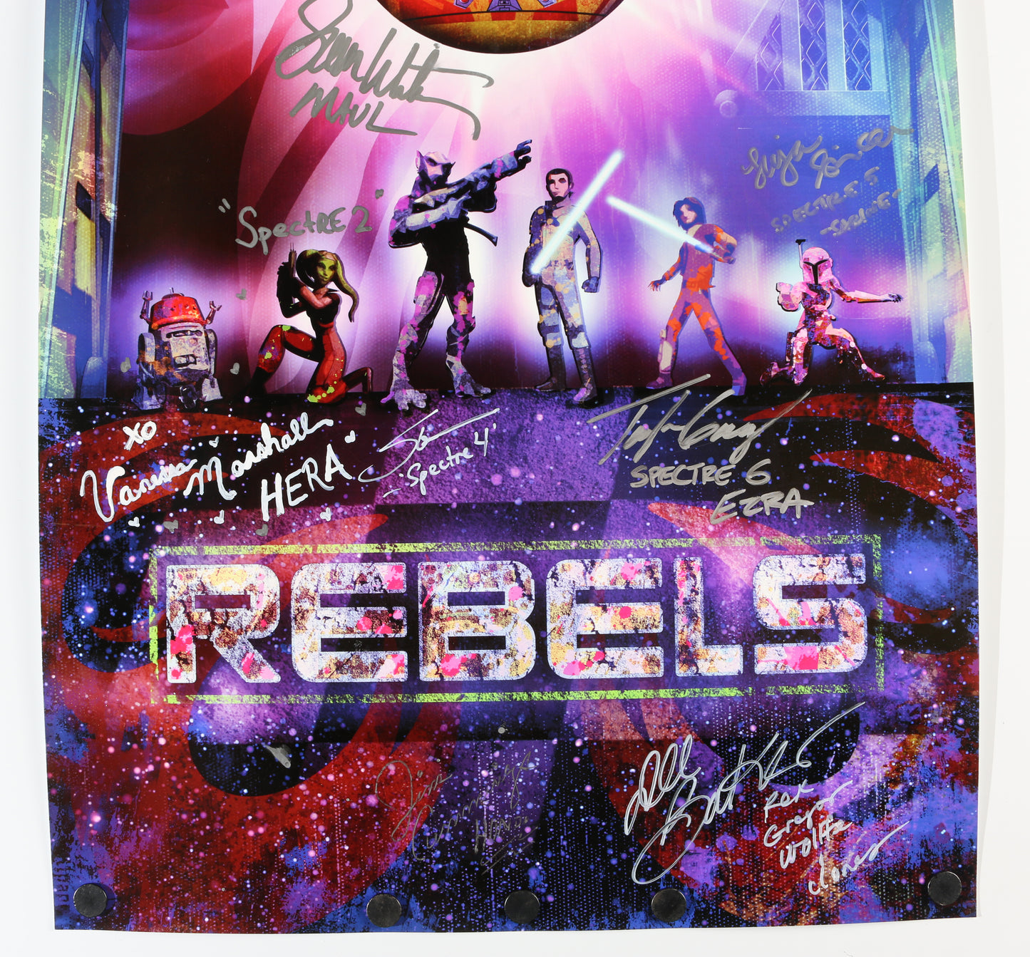 
                  
                    Star Wars: Rebels 16x24 Poster Cast Signed by Ashley Eckstein, Sam Witwer, Tiya Sircar, Steve Blum, Taylor Gray, Jim Cummings, Dee Bradley Baker, & Vanessa Marshall with Character Names
                  
                