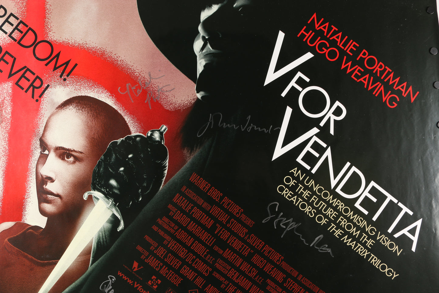 
                  
                    V for Vendetta 27x40 Quad Poster Cast Signed by Natalie Portman, Hugo Weaving, Steven Fry, Stephen Rea, & John Hurt
                  
                