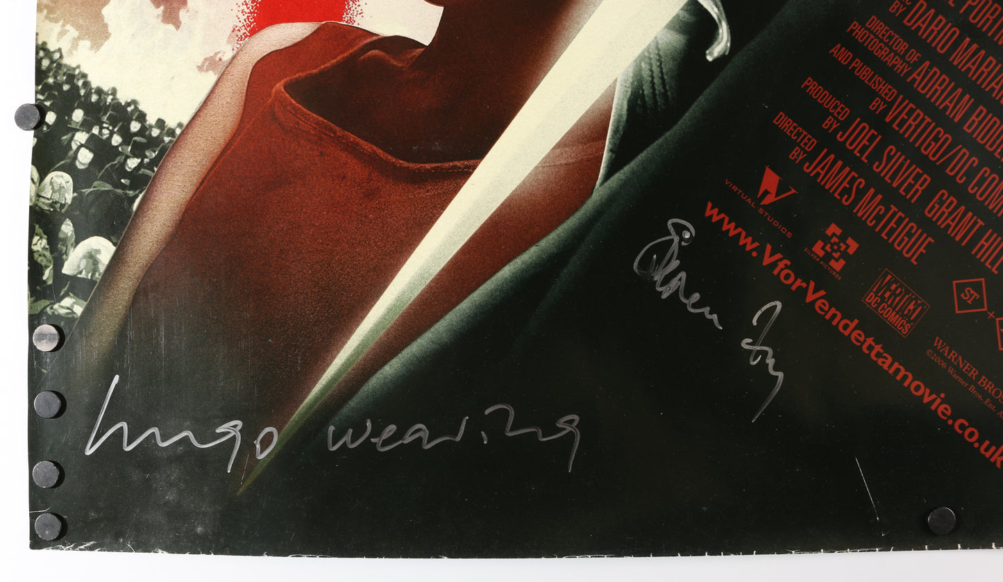 
                  
                    V for Vendetta 27x40 Quad Poster Cast Signed by Natalie Portman, Hugo Weaving, Steven Fry, Stephen Rea, & John Hurt
                  
                