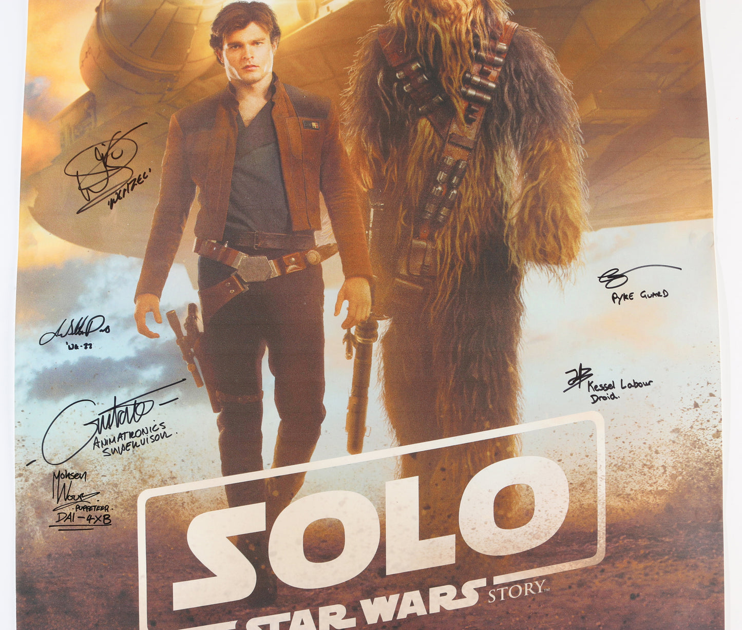 
                  
                    Solo: A Star Wars Story 23x33 Poster Cast Signed by Joonas Suotomo, Warwick Davis, Arrie Dekker, Jake Pogson, Annabelle Davis, Gustav Hoegen, Moshen Nouri, Colin Howells, & Luke Fisher
                  
                