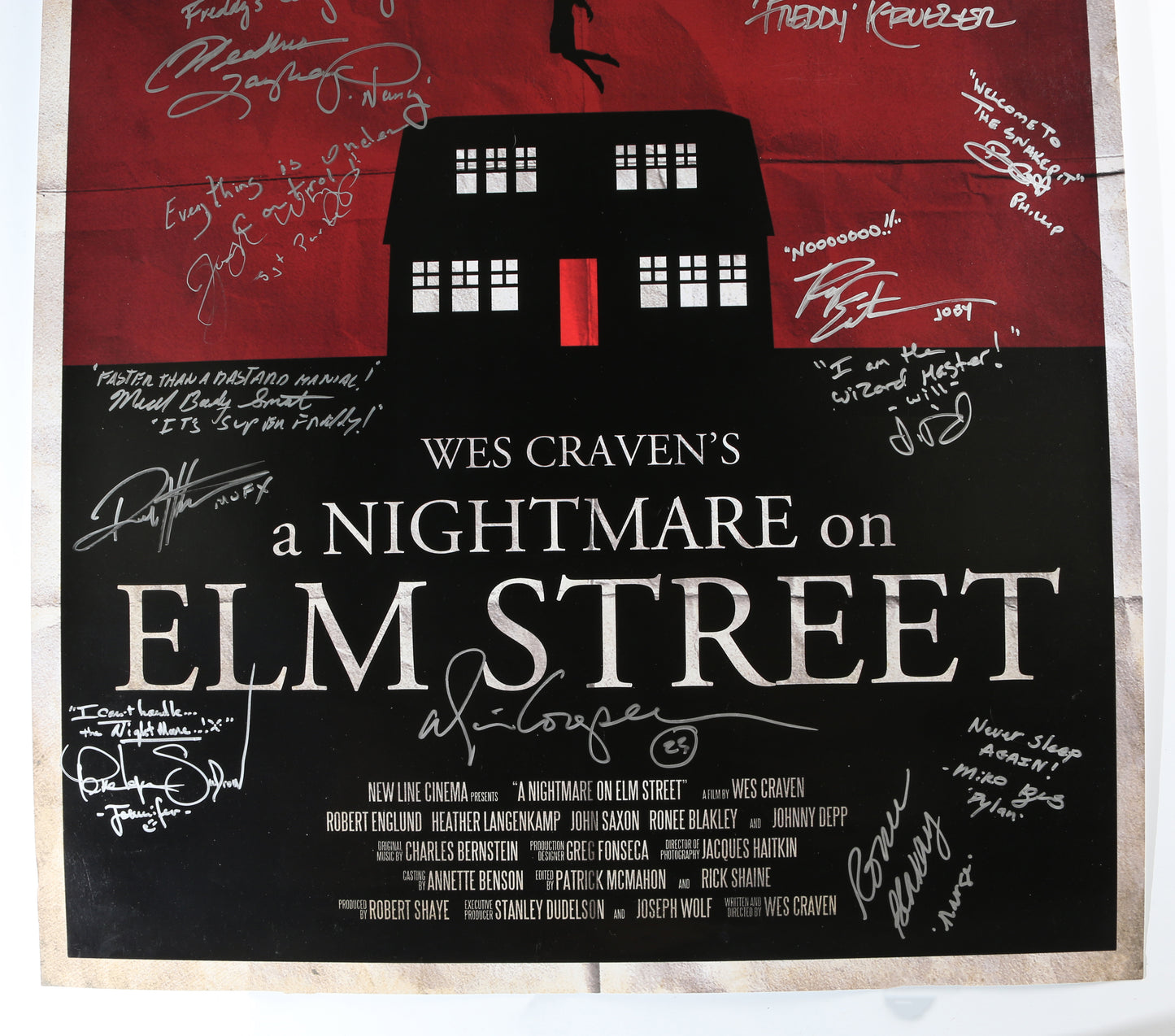 
                  
                    A Nightmare on Elm Street 27x40 Poster Cast Signed by Robert England, Miko Hughes, Ronee Blakely, Alice Cooper, Penelope Caulfield, Robert Kurtzman, Michael Bailey Smith, Joseph Whipp, & Heather Langenkemp with Character Names & Quotes
                  
                