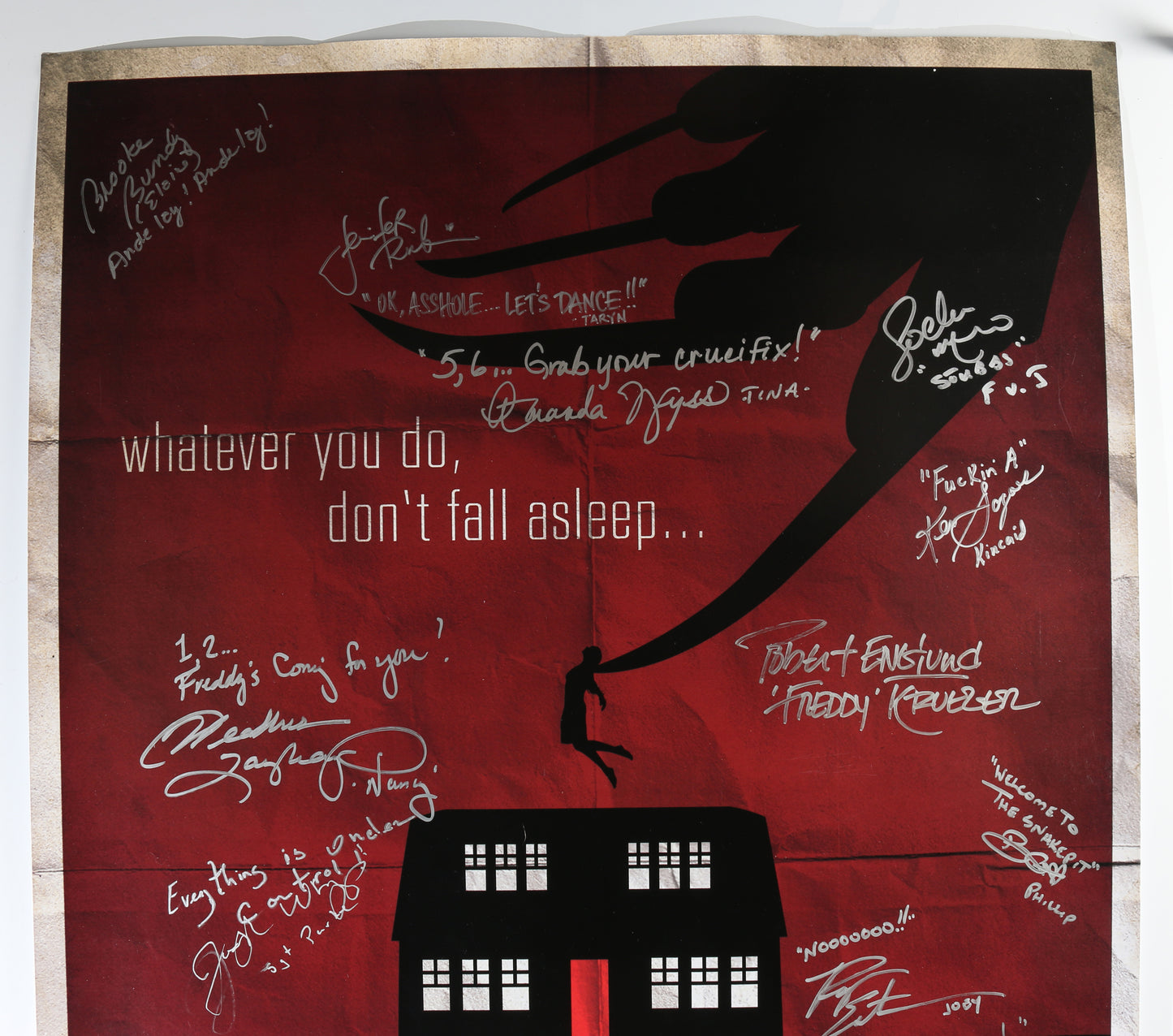 
                  
                    A Nightmare on Elm Street 27x40 Poster Cast Signed by Robert England, Miko Hughes, Ronee Blakely, Alice Cooper, Penelope Caulfield, Robert Kurtzman, Michael Bailey Smith, Joseph Whipp, & Heather Langenkemp with Character Names & Quotes
                  
                
