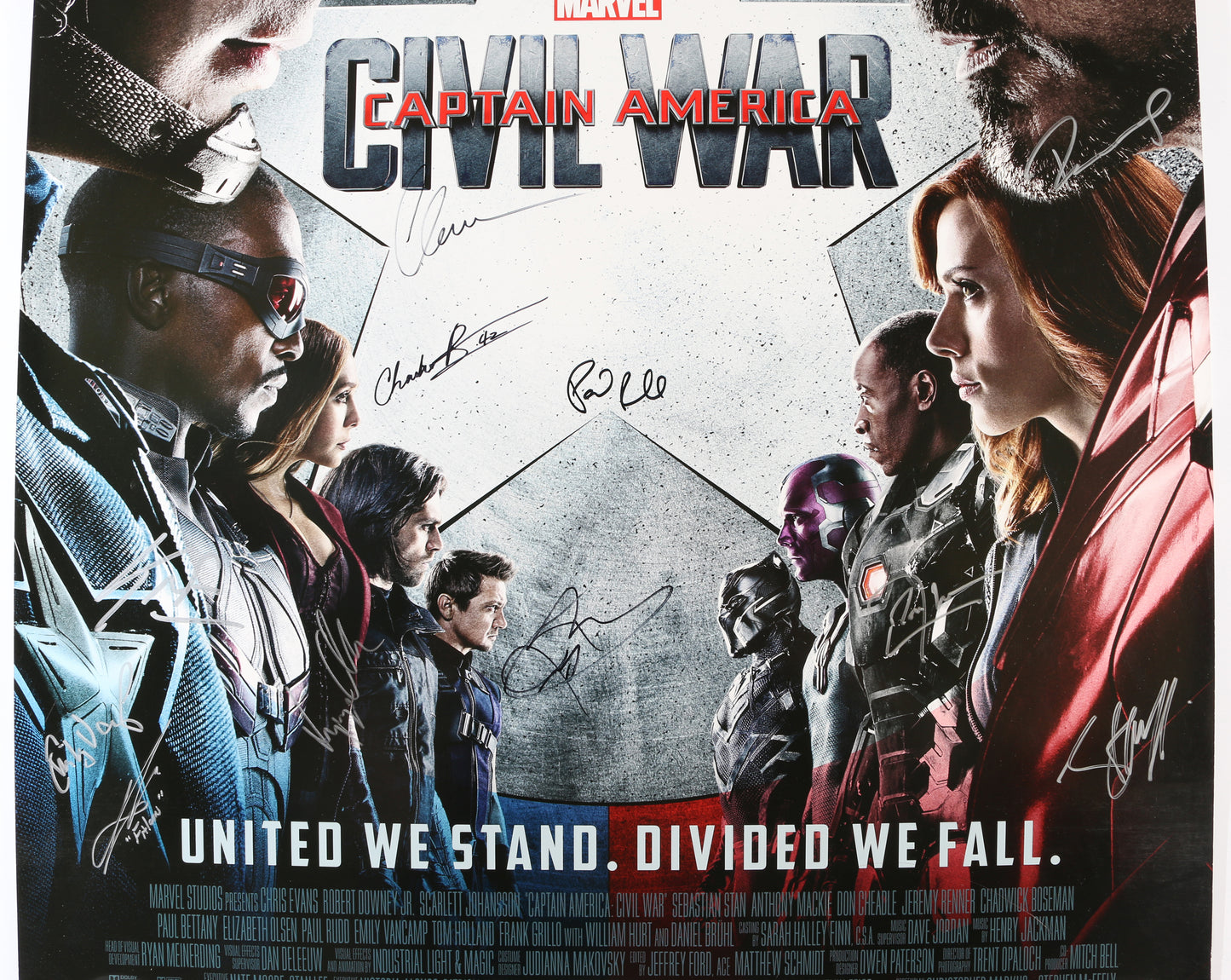 
                  
                    Captain America: Civil War 27x40 Poster Cast Signed by Chadwick Boseman, Robert Downey Jr., Chris Evans, Sebastian Stan, Jeremy Renner, Don Cheadle, Anthony Mackie, Elizabeth Olsen, Paul Rudd, Emily VanCamp, Kevin Feige, Chris Markus, & Stephen McFeely
                  
                