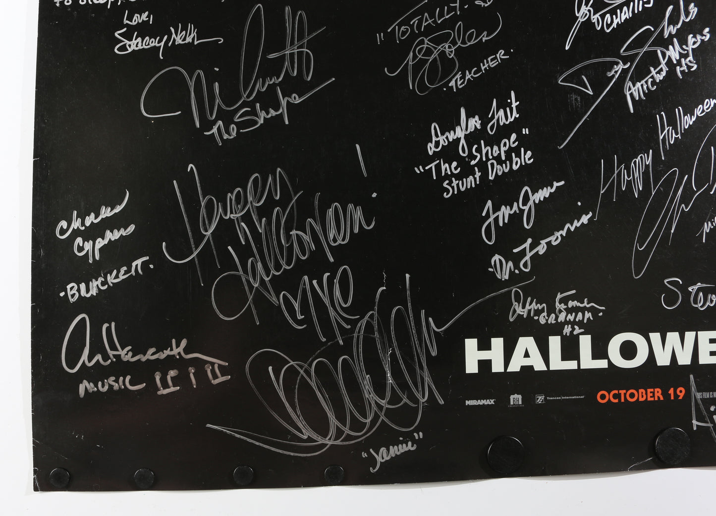 
                  
                    Halloween 27x40 Poster Cast Signed by James Jude Courtney, Nick Castle, Airon Armstrong, Steve Miner, Danielle Harris, Alan Howarth, Charles Cyphers, Jeffrey Kramer, Chris Durand, Nancy Loomis, Will Sandin, Douglas Tait, & More
                  
                