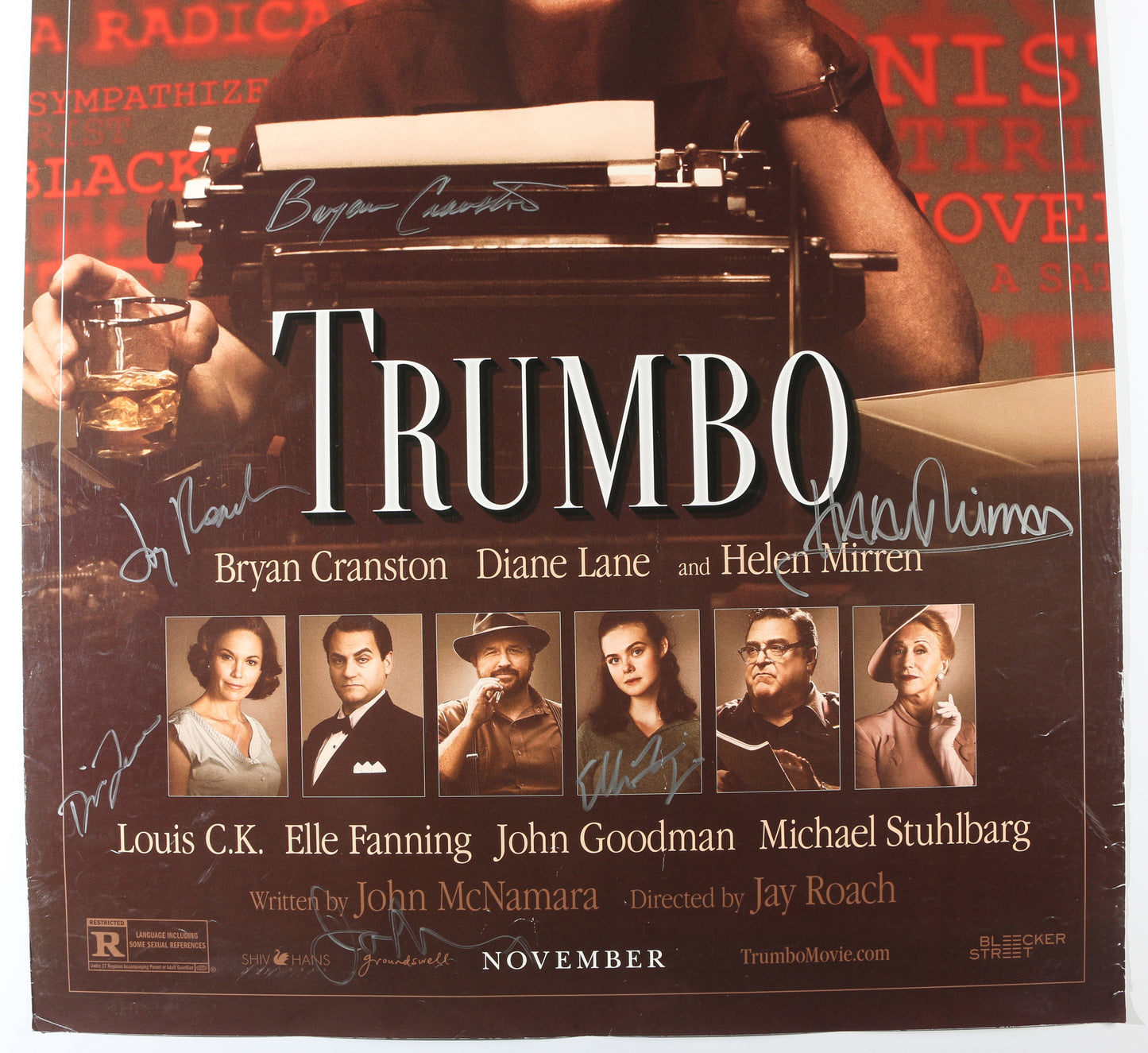 
                  
                    Trumbo 27x40 Poster Cast Signed by Bryan Cranston, Diane Lane, Helen Mirren, Elle Fanning, Writer: John McNamara, & Director: Jay Roach
                  
                