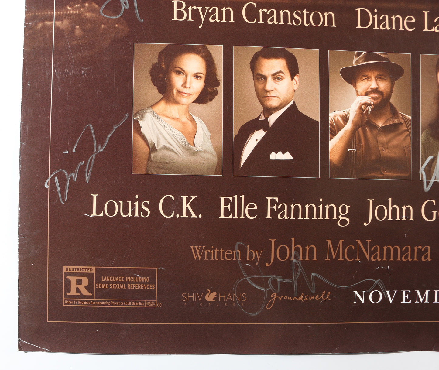 
                  
                    Trumbo 27x40 Poster Cast Signed by Bryan Cranston, Diane Lane, Helen Mirren, Elle Fanning, Writer: John McNamara, & Director: Jay Roach
                  
                