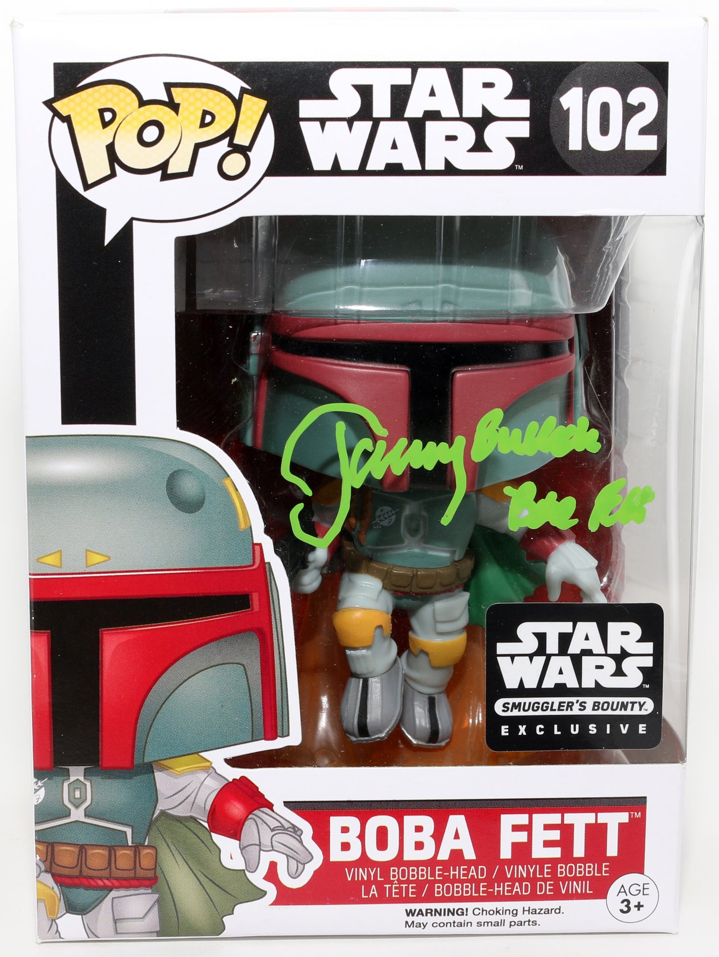 
                  
                    Jeremy Bulloch as Boba Fett in Star Wars: The Empire Strikes Back Smuggler's Bounty Exclusive (JSA) Signed Funko POP! #102 with Character Name
                  
                