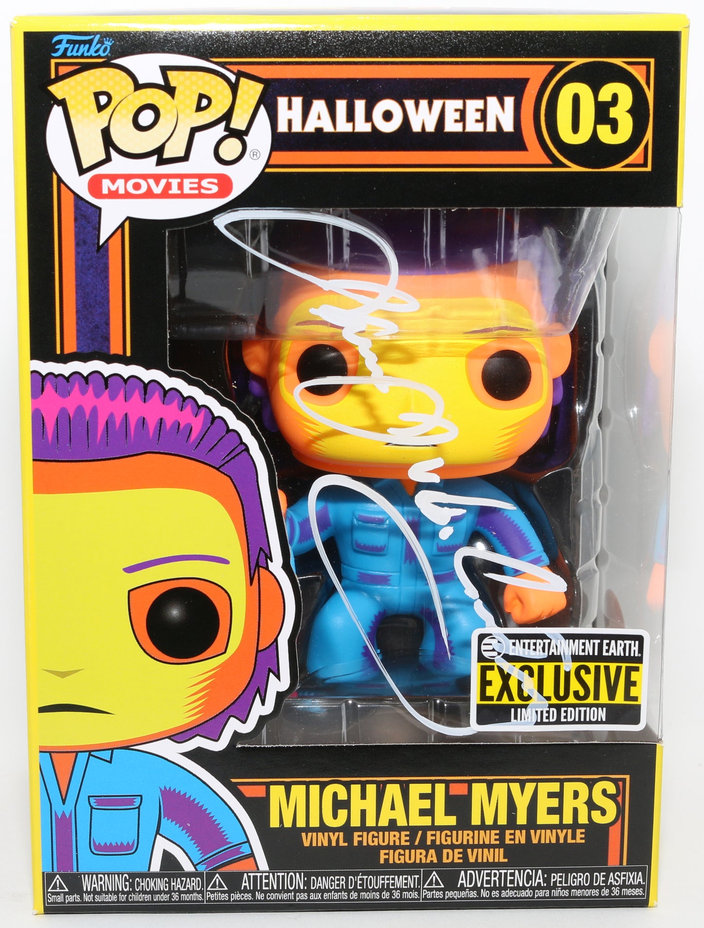 
                  
                    James Jude Courtney as Michael Myers in Halloween Blacklight Entertainment Earth Exclusive (JSA) Signed Funko POP! #03
                  
                