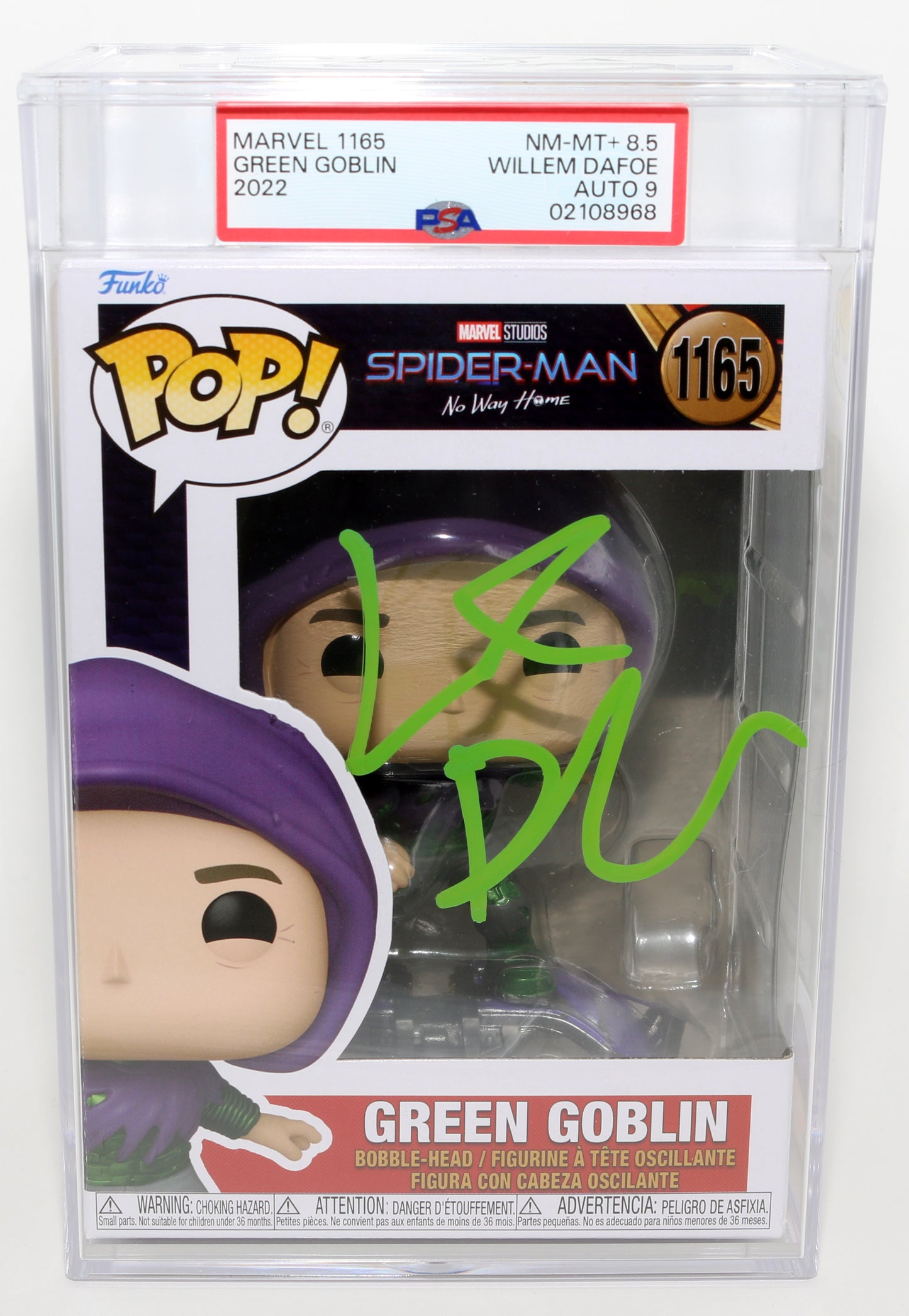 
                  
                    Willem DaFoe as Green Goblin in Spider-Man: No Way Home (PSA Encapsulated Grade 8.5 / Auto 9) Signed Funko POP! #1165
                  
                