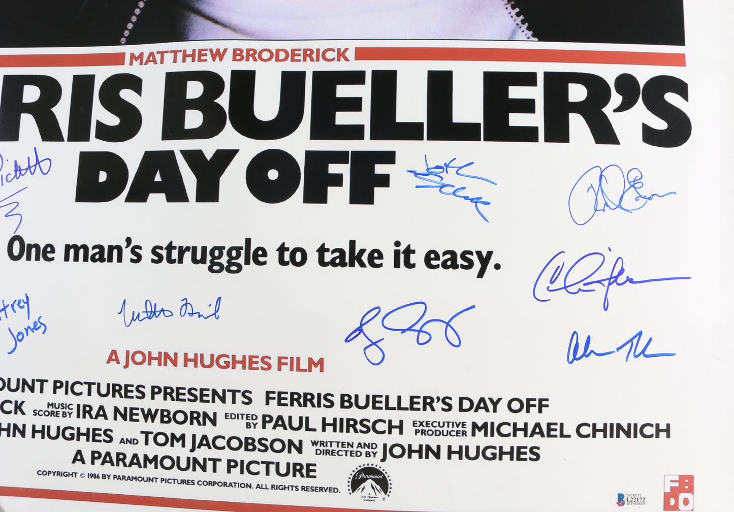 
                  
                    Ferris Bueller's Day Off (Beckett) 27x40 Poster Cast Signed by Matthew Broderick, Jeff Jones, Alan Ruck, Mia Sara, Cindy Pickett, Lyman Ward, Jennifer Grey, Charlie Sheen, Richard Edson, & Jonathan Schmock
                  
                