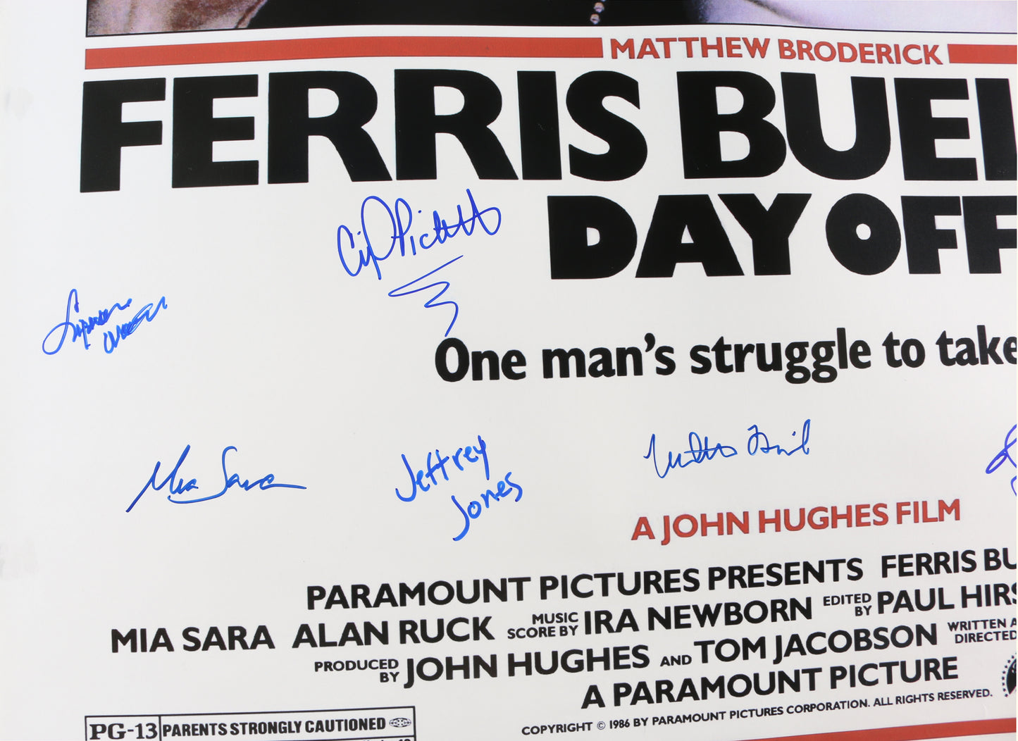 
                  
                    Ferris Bueller's Day Off (Beckett) 27x40 Poster Cast Signed by Matthew Broderick, Jeff Jones, Alan Ruck, Mia Sara, Cindy Pickett, Lyman Ward, Jennifer Grey, Charlie Sheen, Richard Edson, & Jonathan Schmock
                  
                