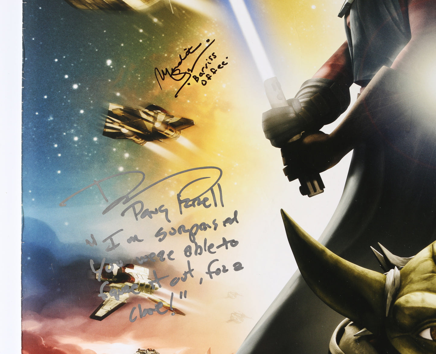 
                  
                    Star Wars: The Clone Wars 27x40 Poster (SWAU / Official Pix) Cast Signed by Terrence C. Carson, Olivia d'Abo, Tim Curry, Phil LaMarr, Sam Witwer, Dave Fennoy, Meredith Salenger, Tasia Valenza, & Ashley Eckstein with Character Names & Quotes
                  
                