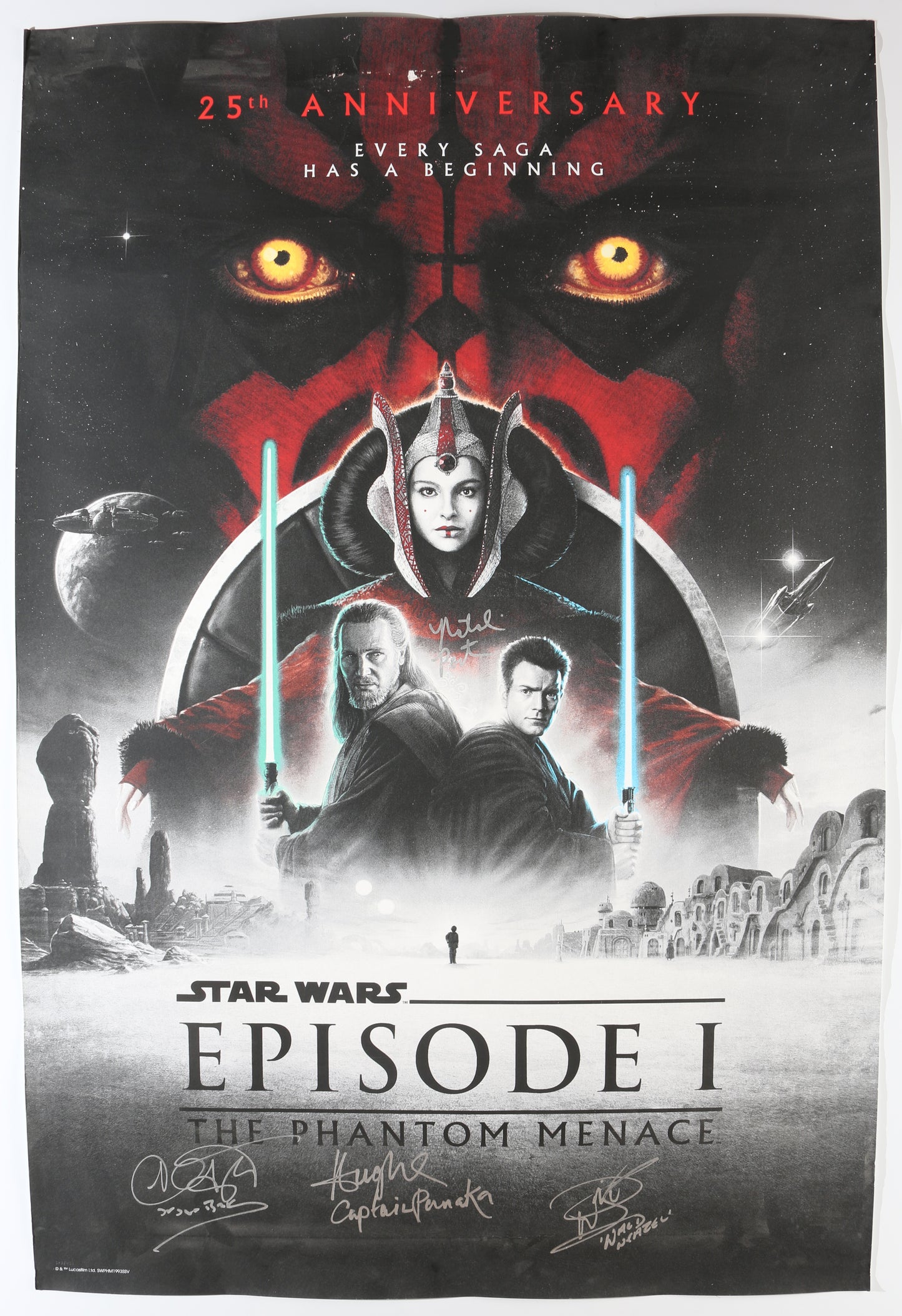 
                  
                    Star Wars Episode I: The Phantom Menace (SWAU) 24x36 Poster Cast Signed by Natalie Portman, Ahmed Best, Hugh Quarshire, & Warwick Davis with Character Names
                  
                