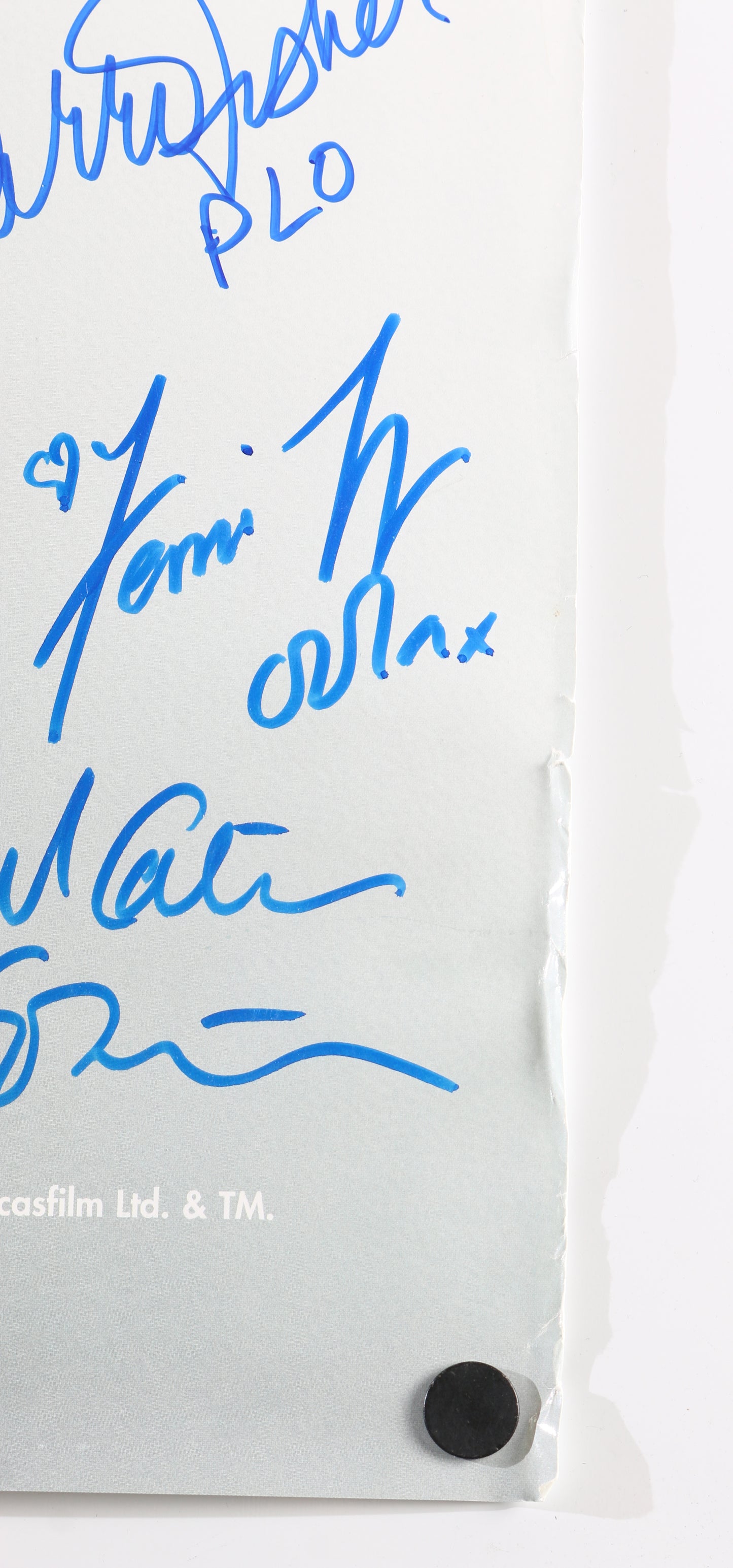 
                  
                    Star Wars Trilogy 27x39 Poster Cast Signed by Carrie Fisher, Anthony Daniels, Paul Blake, Simon Williamson, Peter Mayhew, Warwick Davies, Kenny Baker, Femi Taylor, Michael Carter, & Mike Quinn with Character Names
                  
                