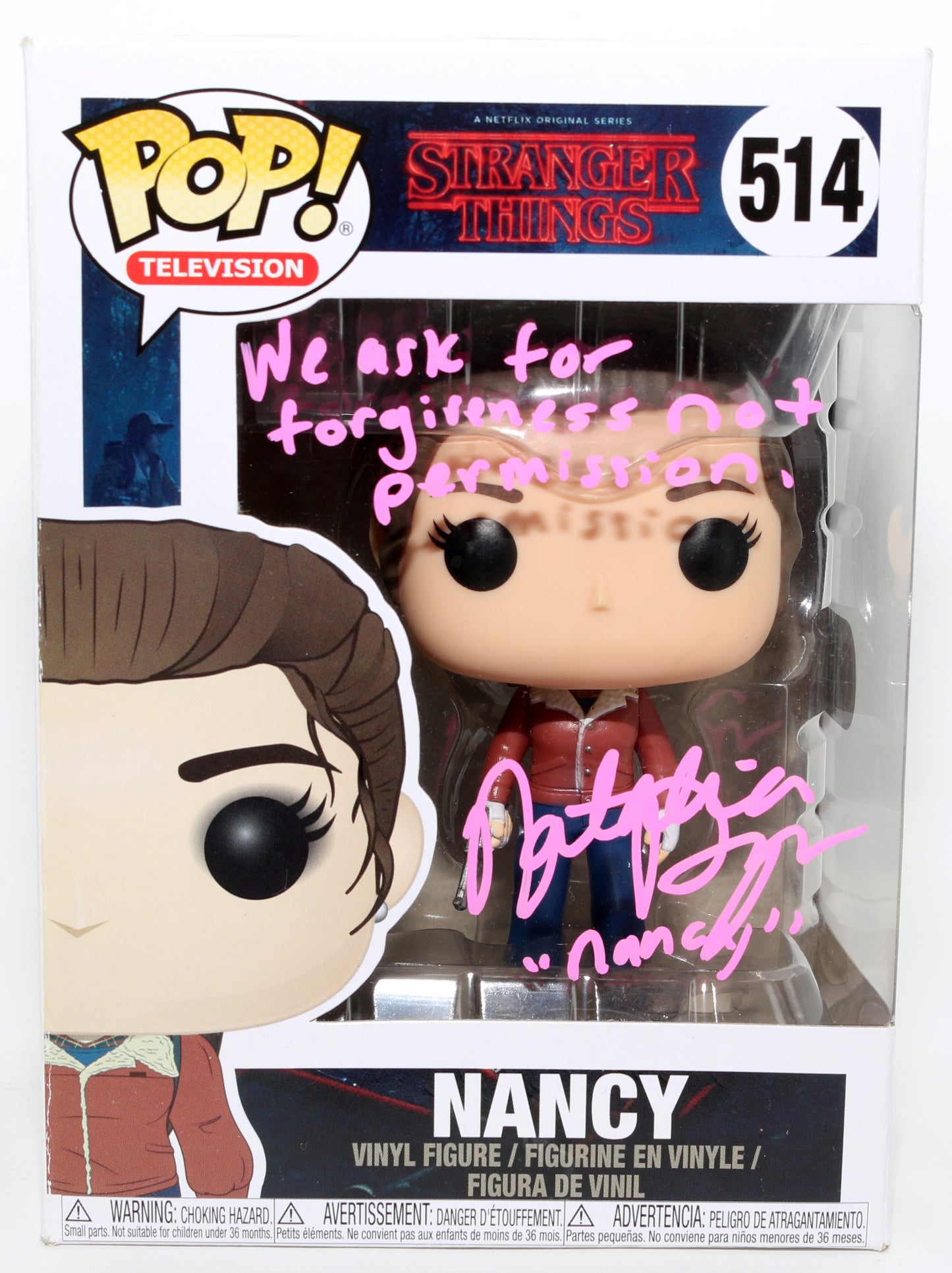 
                  
                    Natalia Dyer as Nancy Wheeler in Stranger Things (SWAU) Signed Funko POP! #514 with Character Name & Quote
                  
                