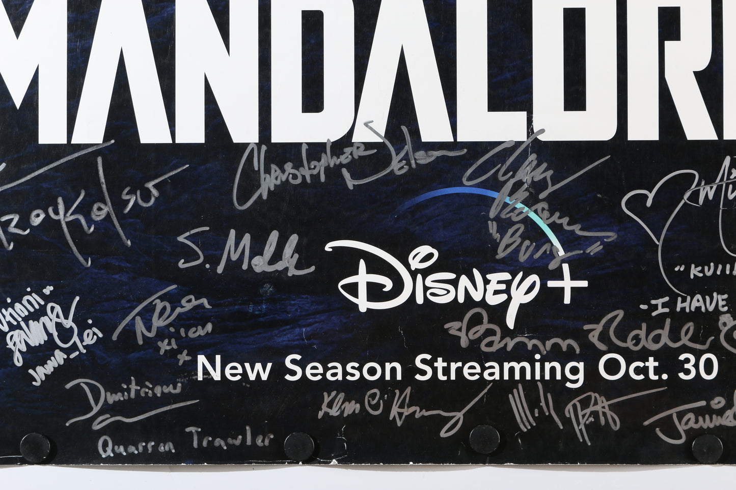 
                  
                    Star Wars: The Mandalorian 27x40 Poster Cast Signed by Dave Filoni, Jon Favreau, Pedro Pascal, Carl Weathers, Kathleen Kennedy, Mark Hamill, Werner Herzog, Ludwig Goransson, Taika Waititi, Rosario Dawson, Katee Sackhoff, Gina Carano, Ming-Na Wen, +66 More
                  
                