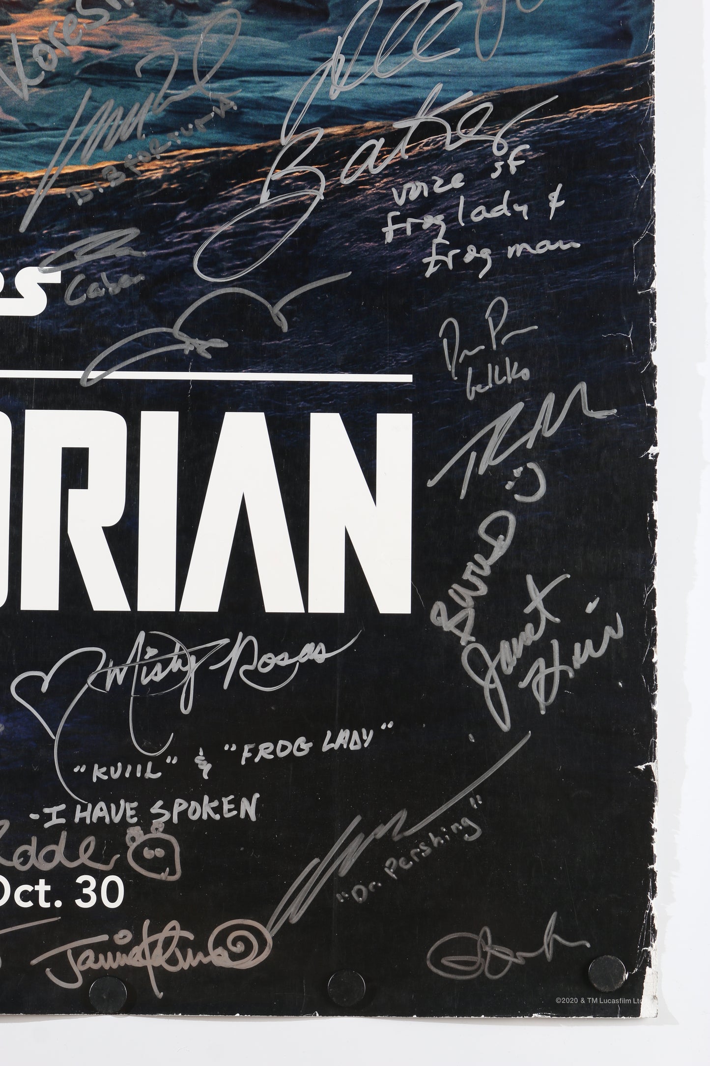 
                  
                    Star Wars: The Mandalorian 27x40 Poster Cast Signed by Dave Filoni, Jon Favreau, Pedro Pascal, Carl Weathers, Kathleen Kennedy, Mark Hamill, Werner Herzog, Ludwig Goransson, Taika Waititi, Rosario Dawson, Katee Sackhoff, Gina Carano, Ming-Na Wen, +66 More
                  
                