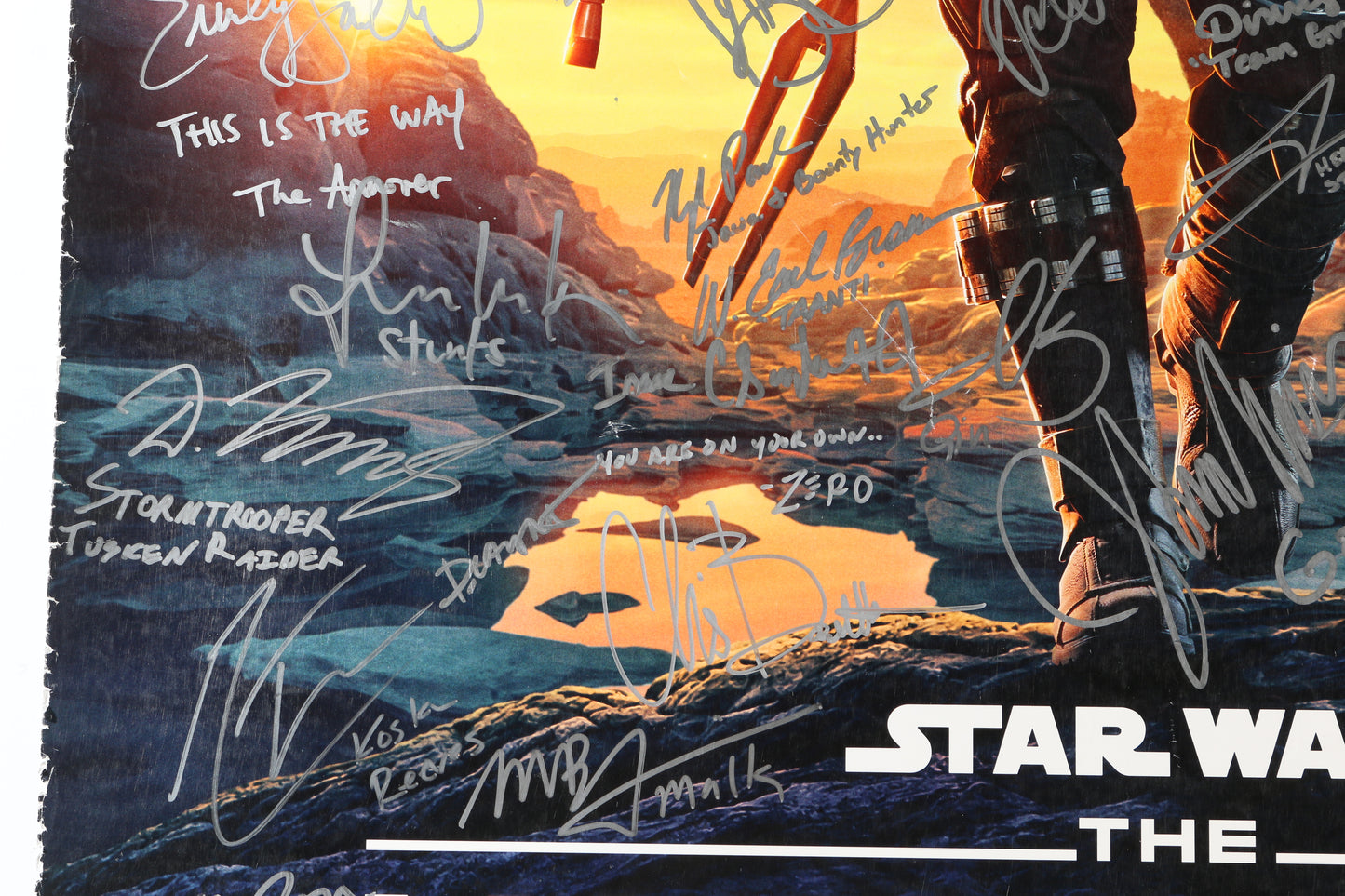 
                  
                    Star Wars: The Mandalorian 27x40 Poster Cast Signed by Dave Filoni, Jon Favreau, Pedro Pascal, Carl Weathers, Kathleen Kennedy, Mark Hamill, Werner Herzog, Ludwig Goransson, Taika Waititi, Rosario Dawson, Katee Sackhoff, Gina Carano, Ming-Na Wen, +66 More
                  
                