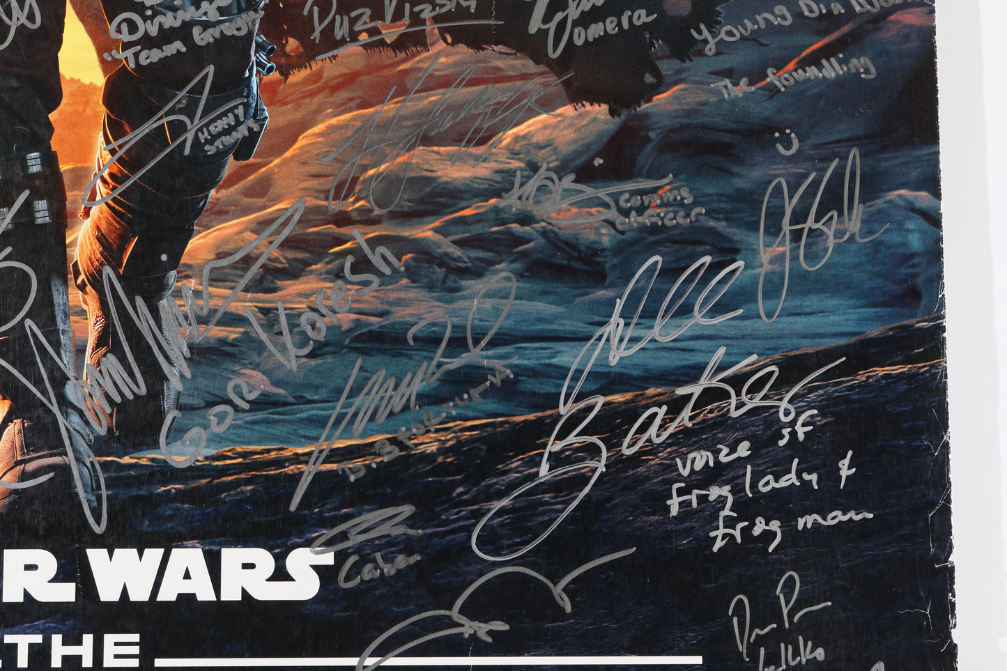 
                  
                    Star Wars: The Mandalorian 27x40 Poster Cast Signed by Dave Filoni, Jon Favreau, Pedro Pascal, Carl Weathers, Kathleen Kennedy, Mark Hamill, Werner Herzog, Ludwig Goransson, Taika Waititi, Rosario Dawson, Katee Sackhoff, Gina Carano, Ming-Na Wen, +66 More
                  
                