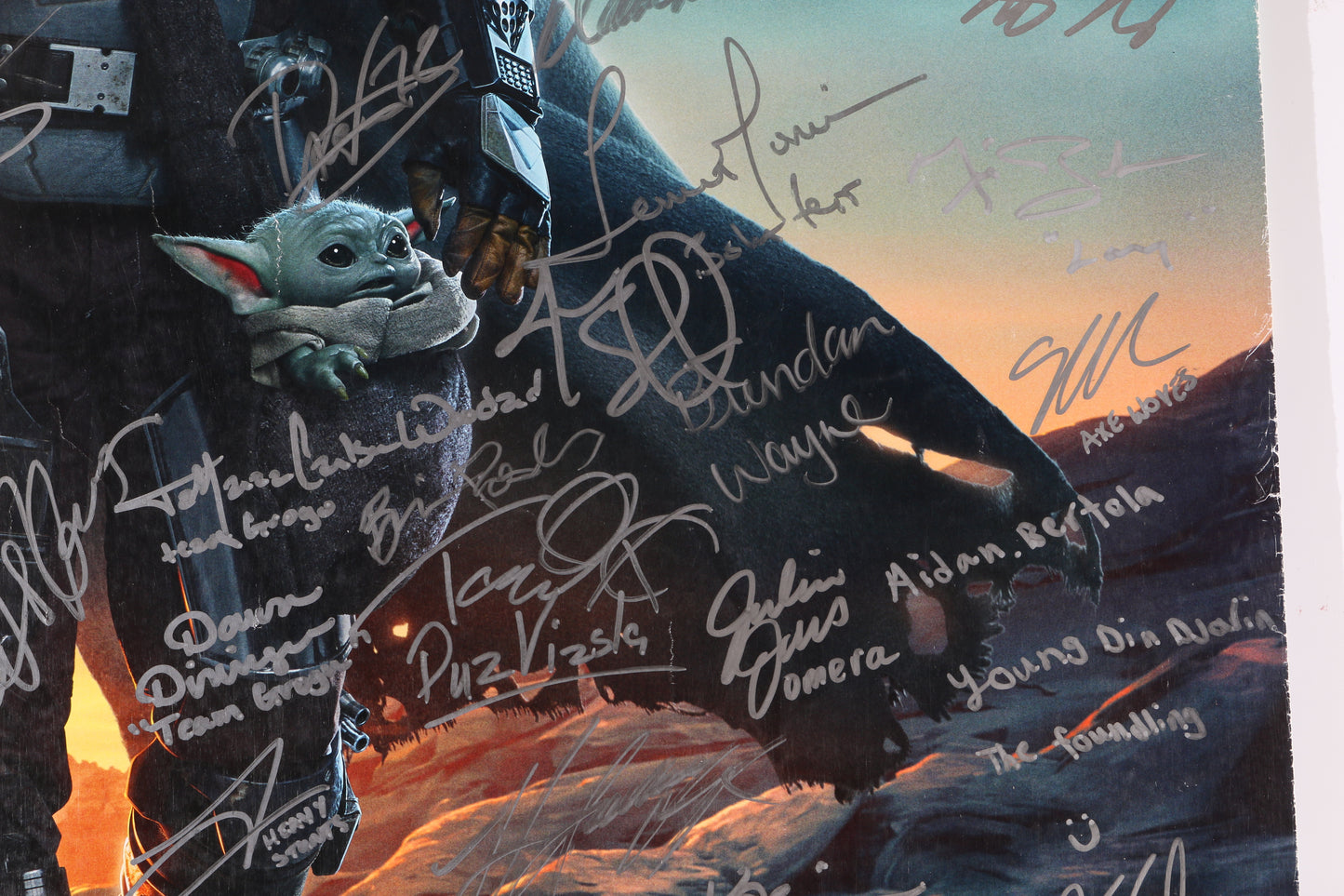 
                  
                    Star Wars: The Mandalorian 27x40 Poster Cast Signed by Dave Filoni, Jon Favreau, Pedro Pascal, Carl Weathers, Kathleen Kennedy, Mark Hamill, Werner Herzog, Ludwig Goransson, Taika Waititi, Rosario Dawson, Katee Sackhoff, Gina Carano, Ming-Na Wen, +66 More
                  
                