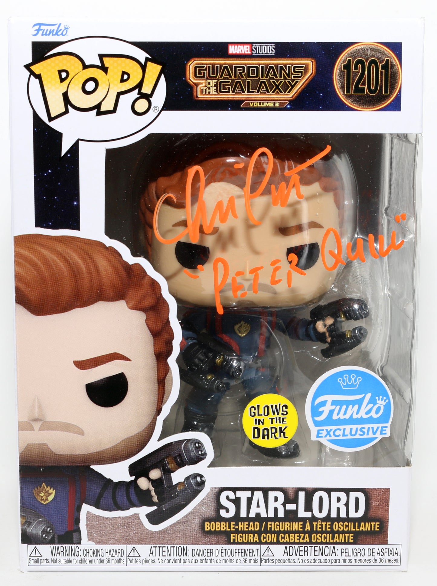 
                  
                    Chris Pratt as Peter Quill / Star-Lord in Guardians of the Galaxy Vol. 3 Funko Exclusive GITD (Beckett) Signed Funko POP! #1201 with Character Name
                  
                