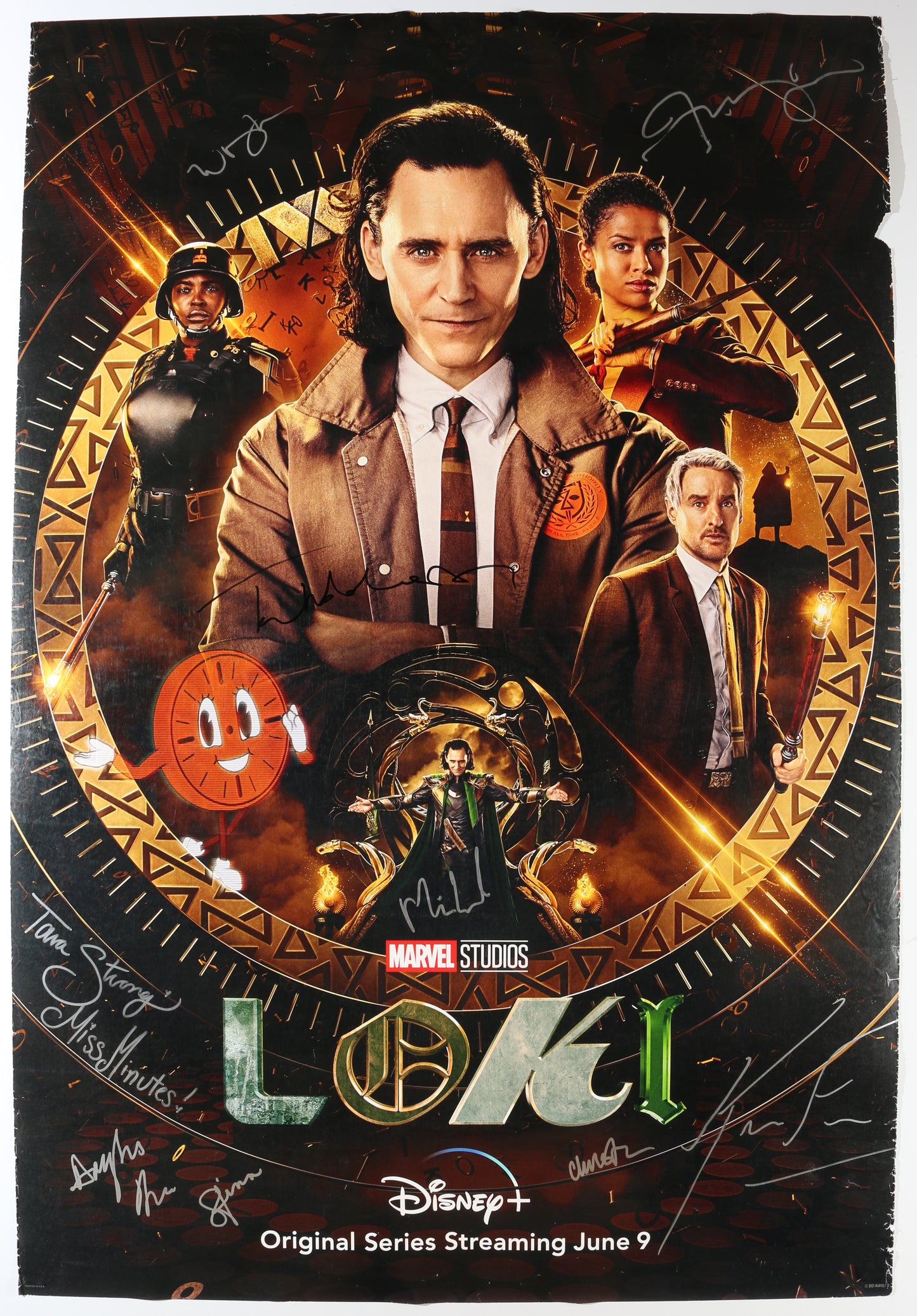 
                  
                    Loki 27x40 Poster Cast Signed by Tom Hiddleston, Jonathan Majors, Wunmi Mosaku, Tara Strong, Casting Director: Sarah Finn, Costume Designer: Christine Wada, Writer: Michael Waldron, & Producer: Kevin Feige
                  
                