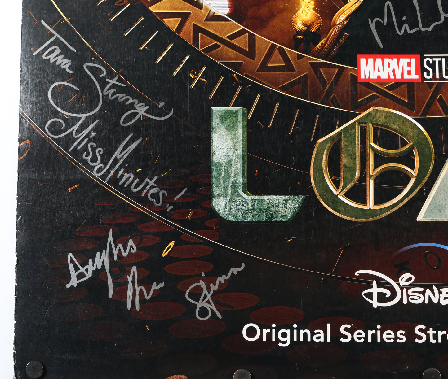 
                  
                    Loki 27x40 Poster Cast Signed by Tom Hiddleston, Jonathan Majors, Wunmi Mosaku, Tara Strong, Casting Director: Sarah Finn, Costume Designer: Christine Wada, Writer: Michael Waldron, & Producer: Kevin Feige
                  
                