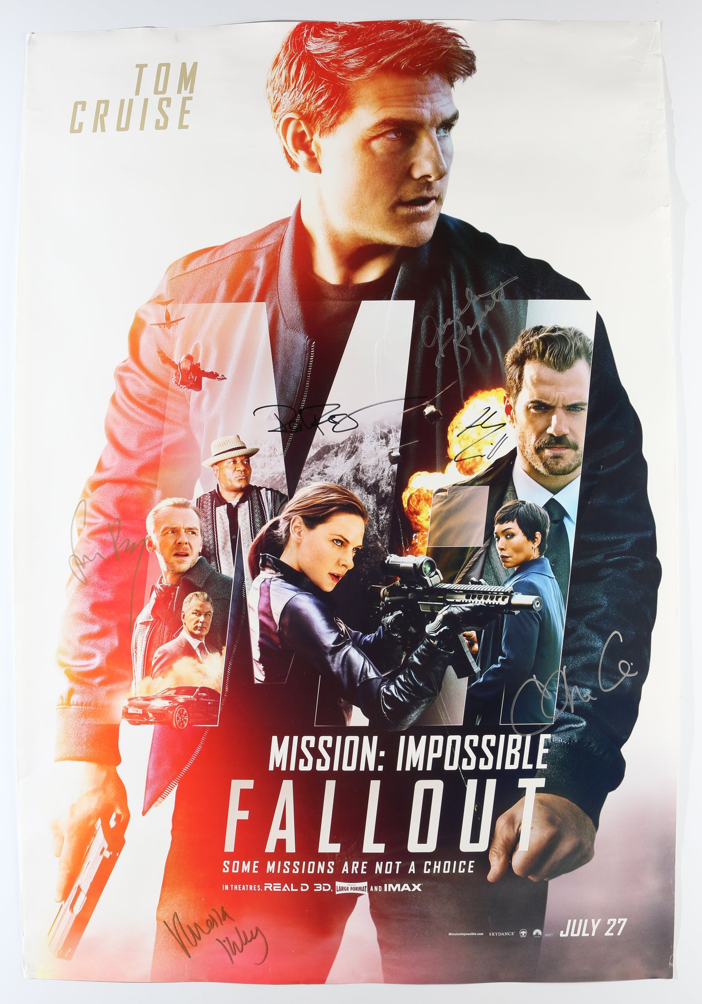 
                  
                    Mission: Impossible - Fallout (Beckett) 27x40 Poster Cast Signed by Director Christopher McQuarrie, with Actors Henry Cavill, Simon Pegg, Rebecca Ferguson, Angela Bassett, & Vanessa Kirby
                  
                