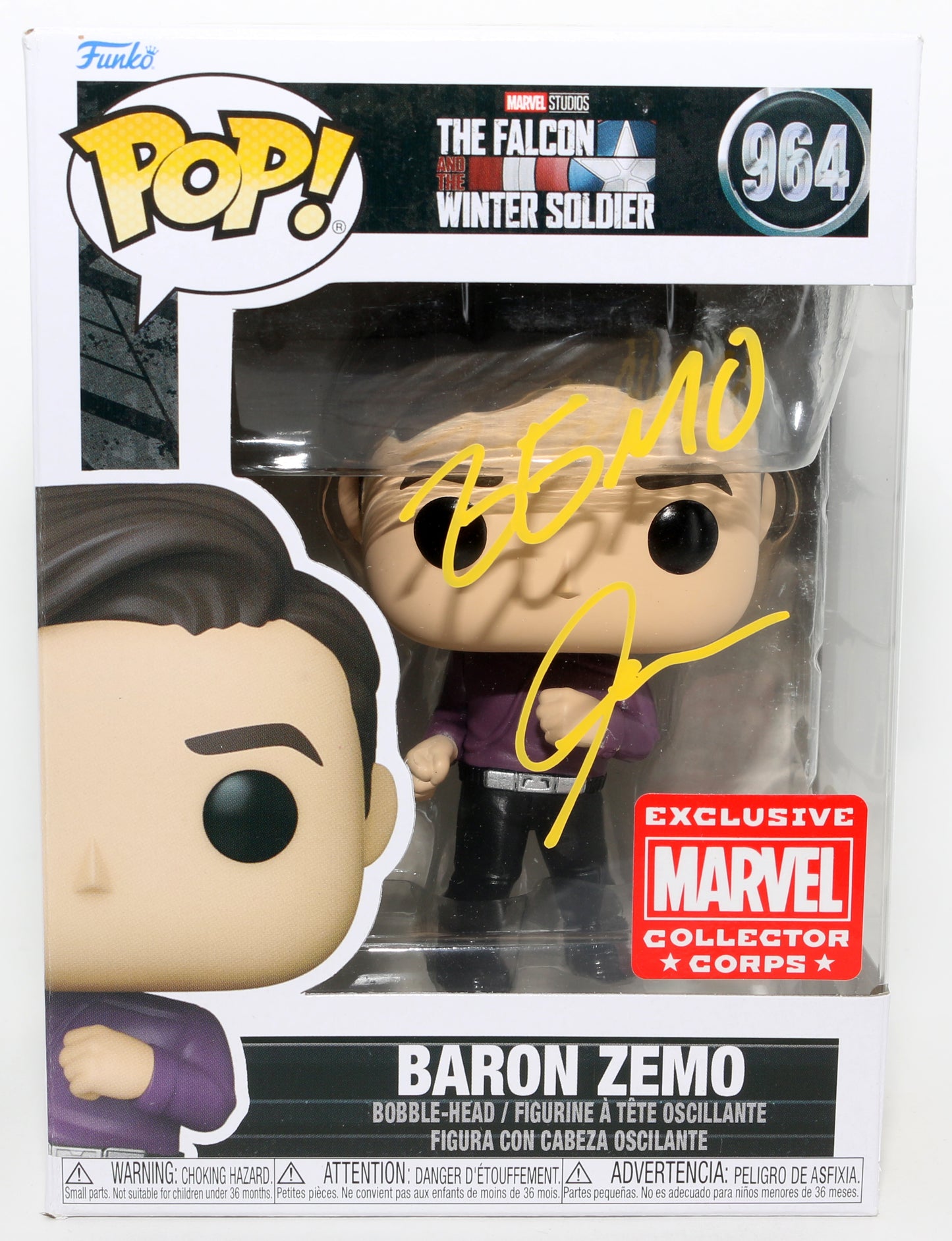 
                  
                    Daniel Brühl as Helmut Zemo in Falcon & the Winter Soldier Marvel Collector Corps Exclusive Signed Funko POP! #964 with Character Name
                  
                