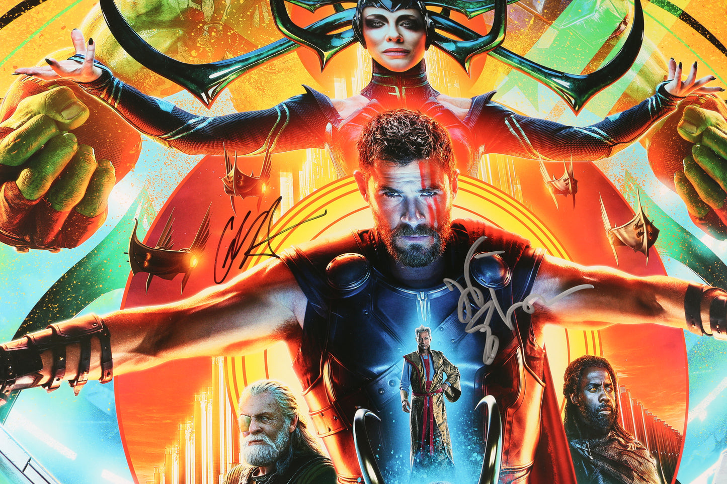 
                  
                    Thor: Ragnarok 27x40 Poster Cast Signed by Chris Hemsworth, Jeff Goldblum, Karl Urban, Mark Ruffalo, Rachel House, Tessa Thompson, Producer: Kevin Feige, & Director: Taika Waititi
                  
                
