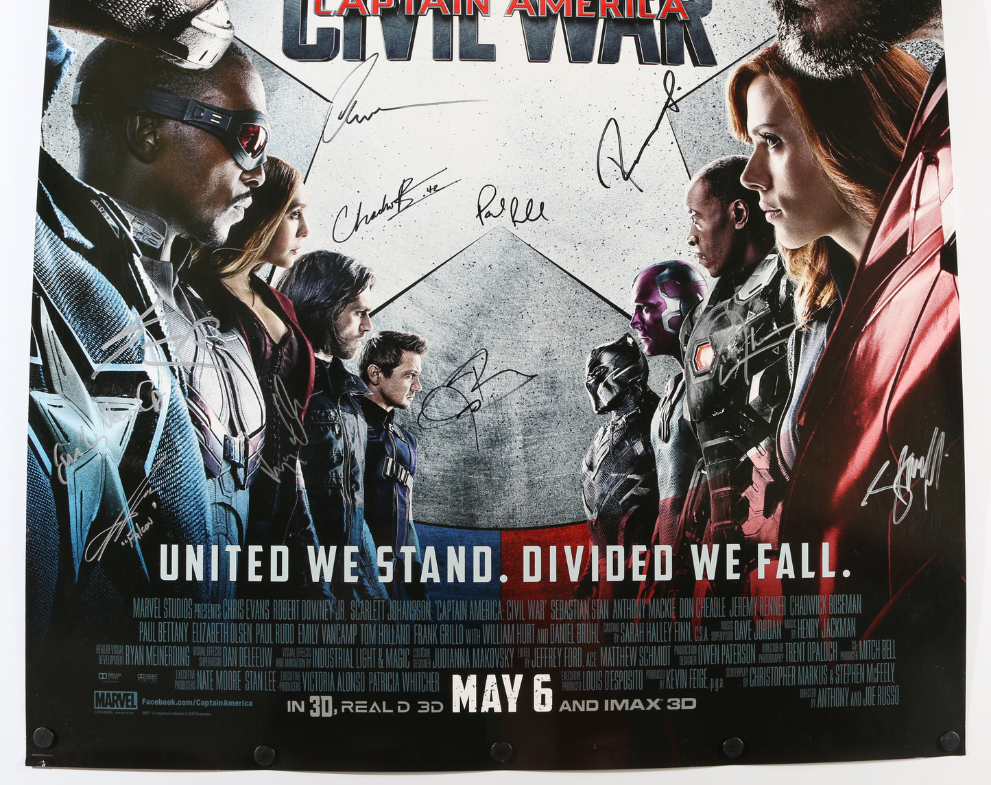 
                  
                    Captain America: Civil War 27x40 Poster Cast Signed by Chadwick Boseman, Robert Downey Jr., Chris Evans, Sebastian Stan, Paul Rudd, Anthony Mackie, Jeremy Renner, Kevin Feige, Elizabeth Olsen, & More
                  
                