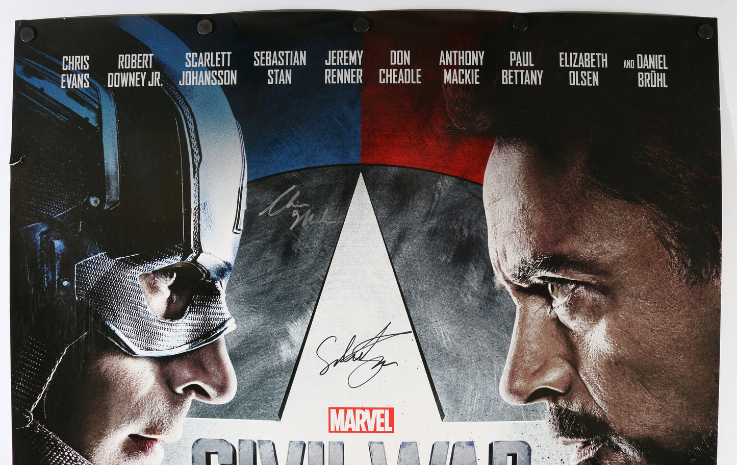 
                  
                    Captain America: Civil War 27x40 Poster Cast Signed by Chadwick Boseman, Robert Downey Jr., Chris Evans, Sebastian Stan, Paul Rudd, Anthony Mackie, Jeremy Renner, Kevin Feige, Elizabeth Olsen, & More
                  
                