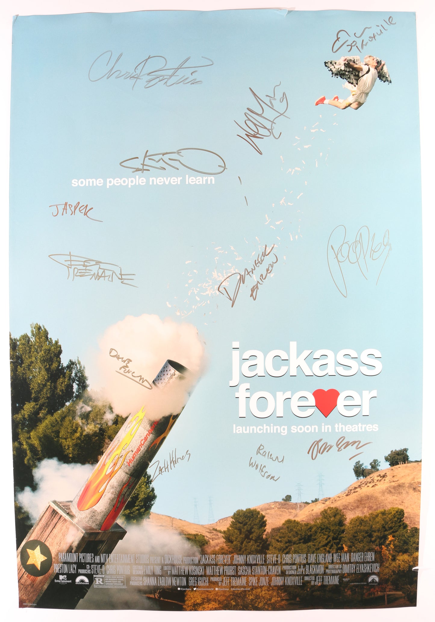 
                  
                    Jackass Forever 27x40 Poster Cast Signed by Johnny Knoxville, Jeff Tremaine, Jason Acuña, Steve-O, Chris Pontius, Dave England, Ehren McGhehey, Preston Lacy, Davon Wilson, Zach Holmes, Rachel Wolfson, & Sean McInerney
                  
                