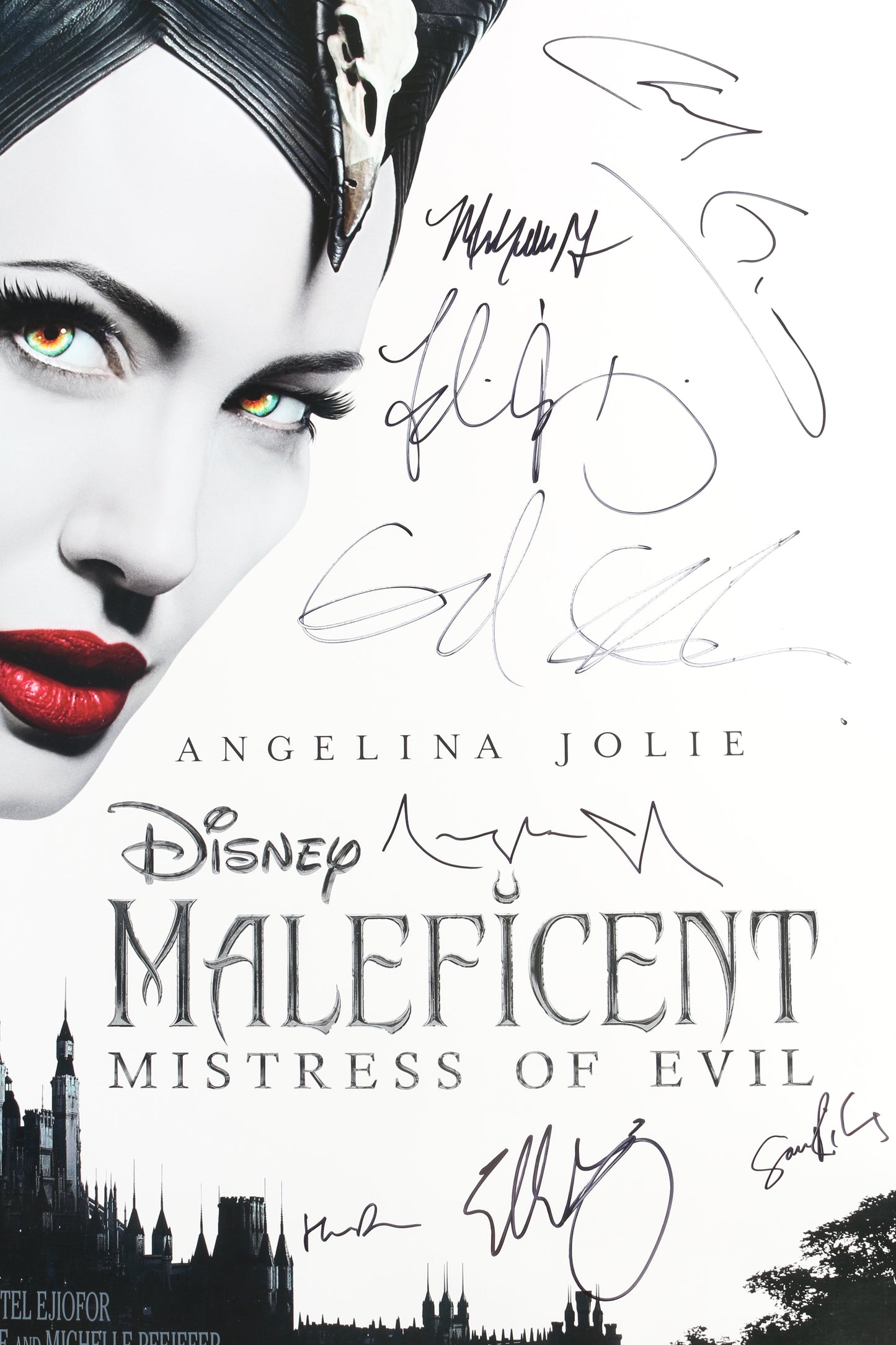 
                  
                    Disney's Maleficent: Mistress of Evil 27x40 Poster Signed by Angelina Jolie, Elle Fanning, Michelle Pfeiffer, Chiwetel Ejiofor, Sam Riley, Ed Skrein, Harris Dickinson, & Director Joachim Rønning
                  
                