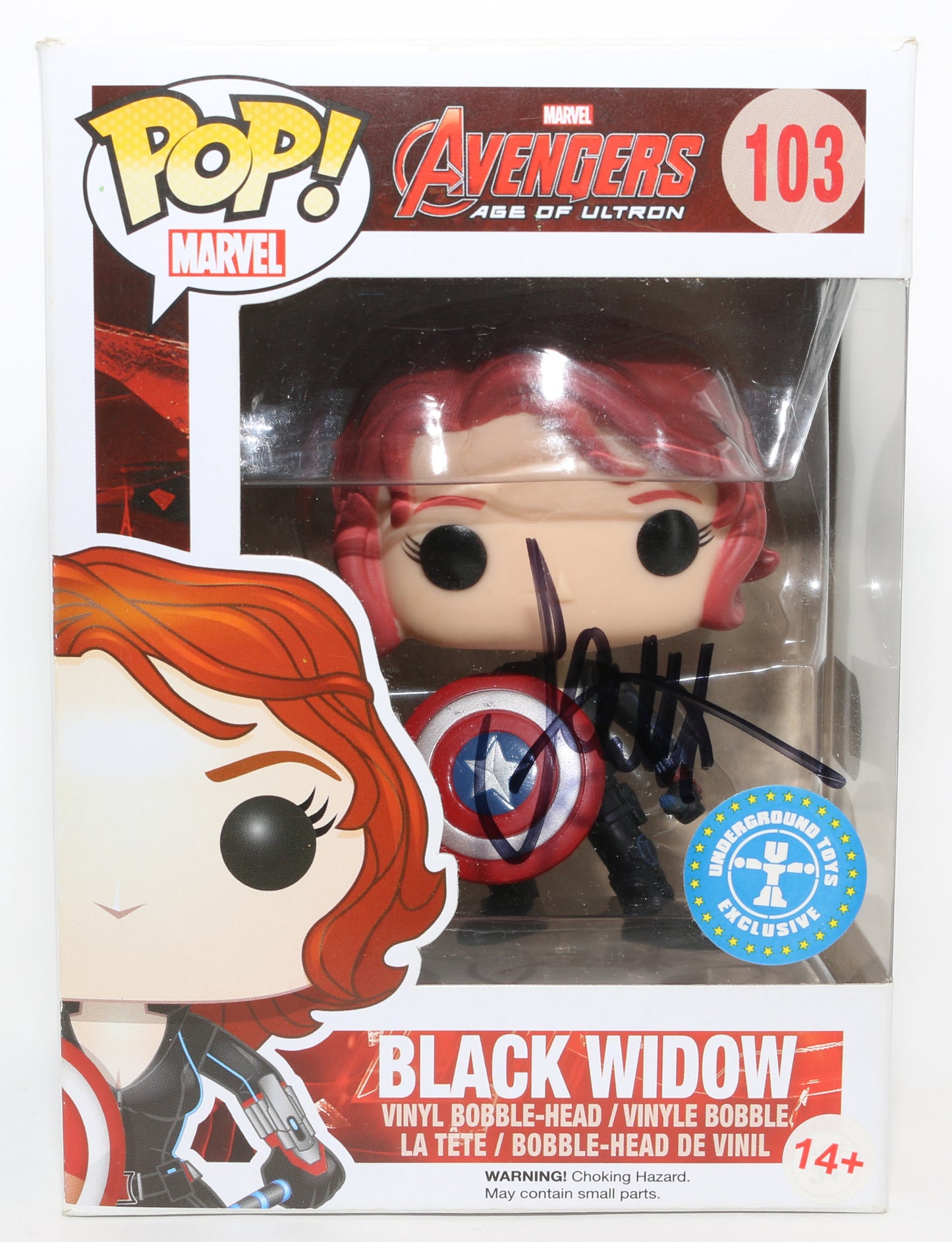 
                  
                    Scarlett Johansson as Natasha Romanoff / Black Widow in Avengers: Age of Ultron Underground Toys Exclusive (SWAU) Signed Funko POP! #103
                  
                