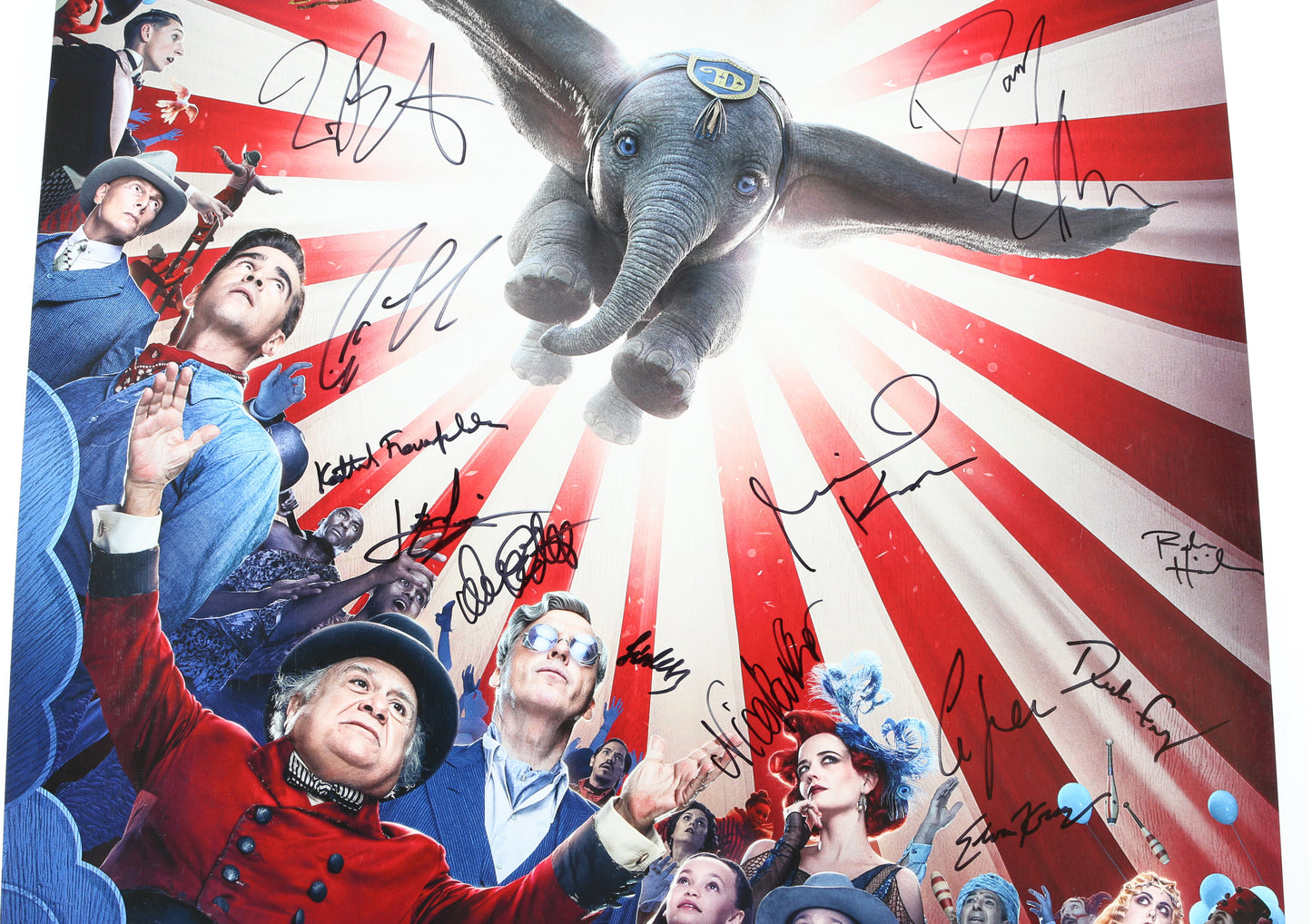 
                  
                    Dumbo 27x40 Poster Cast Signed by Colin Farrell, Michael Keaton, Danny Devito, Eva Green, Nico Parker, Finley Hobbins, Composer: Danny Elfman, & Director: Tim Burton
                  
                