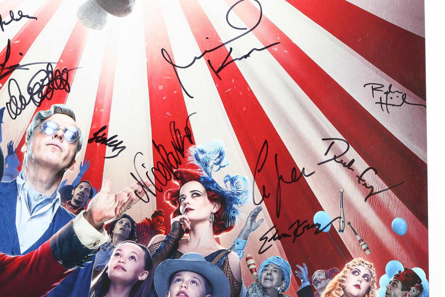 
                  
                    Dumbo 27x40 Poster Cast Signed by Colin Farrell, Michael Keaton, Danny Devito, Eva Green, Nico Parker, Finley Hobbins, Composer: Danny Elfman, & Director: Tim Burton
                  
                