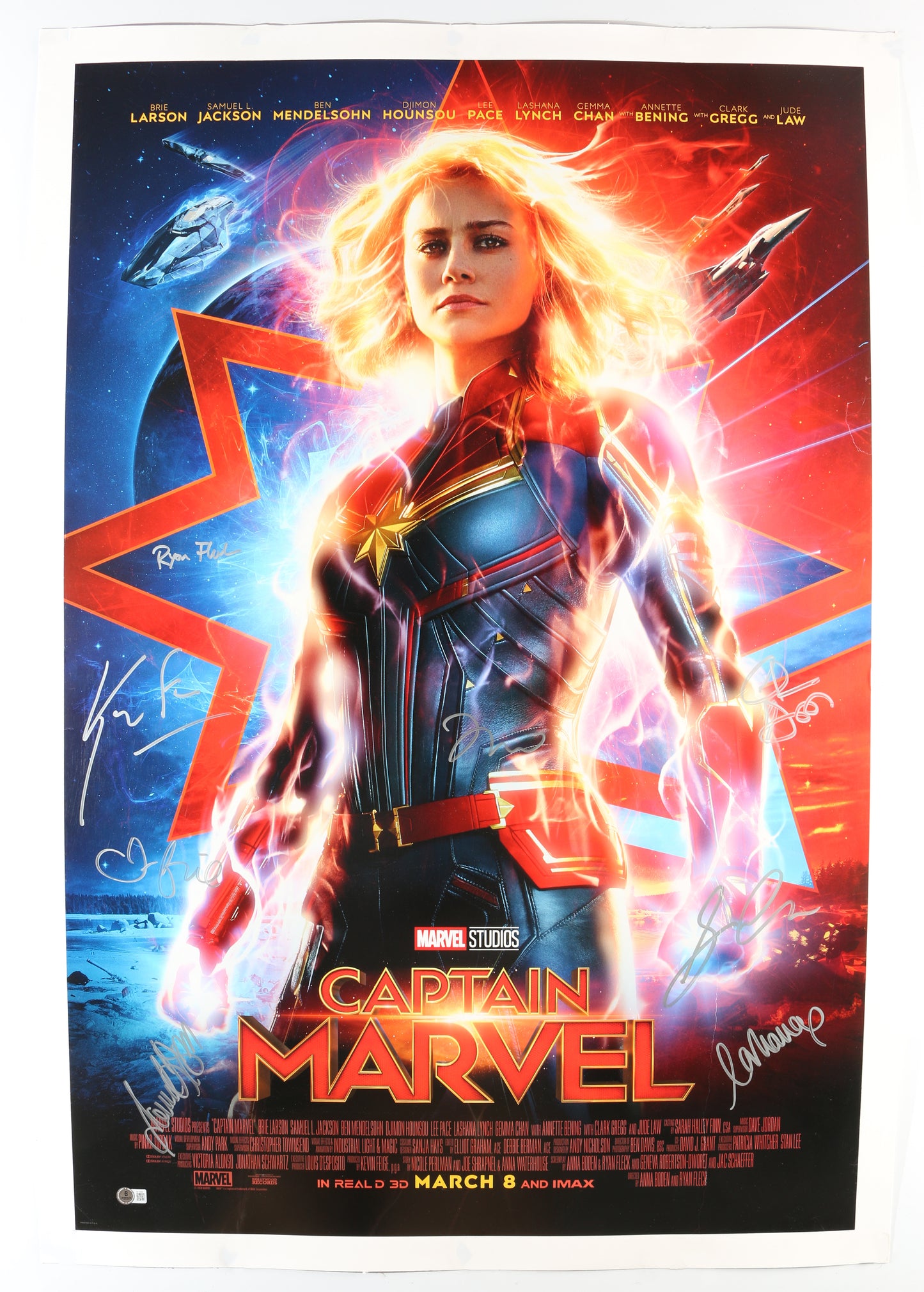 
                  
                    Captain Marvel (Beckett) 29.5x42.5 Poster Cast Signed by Brie Larson, Samuel L. Jackson, Jude Law, Lashana Lynch, Gemma Chan, Clark Gregg, Kevin Feige, & Ryan Fleck
                  
                