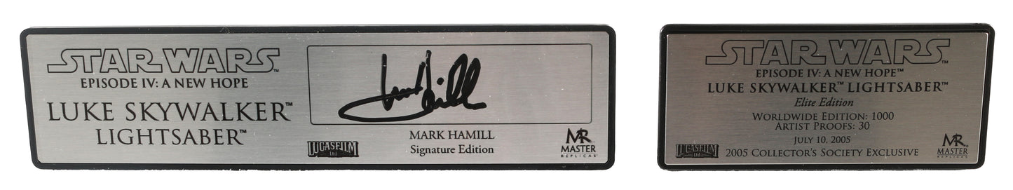
                  
                    Luke Skywalker in Star Wars: A New Hope Master Replicas SW-135 Elite Edition Consor Capital #1/8 Prop Replica Lightsaber with Plaque (Official Pix) Signed by Mark Hamill
                  
                