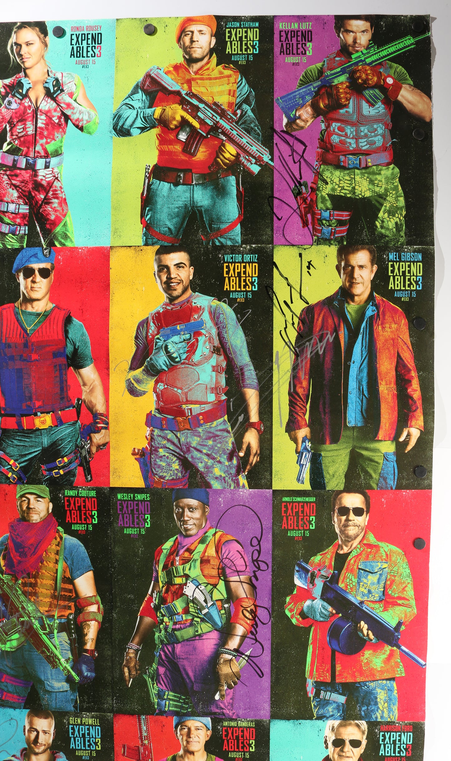 
                  
                    The Expendables 3 32x47 Poster Cast Signed by Mel Gibson, Dolph Lundgren, Ronda Rousey, Kellen Lutz, Victor Ortiz, Terry Crews, Kelsey Grammar, Randy Coulture, Wesley Snipes, Glen Powell, & Director: Patrick Hughes
                  
                