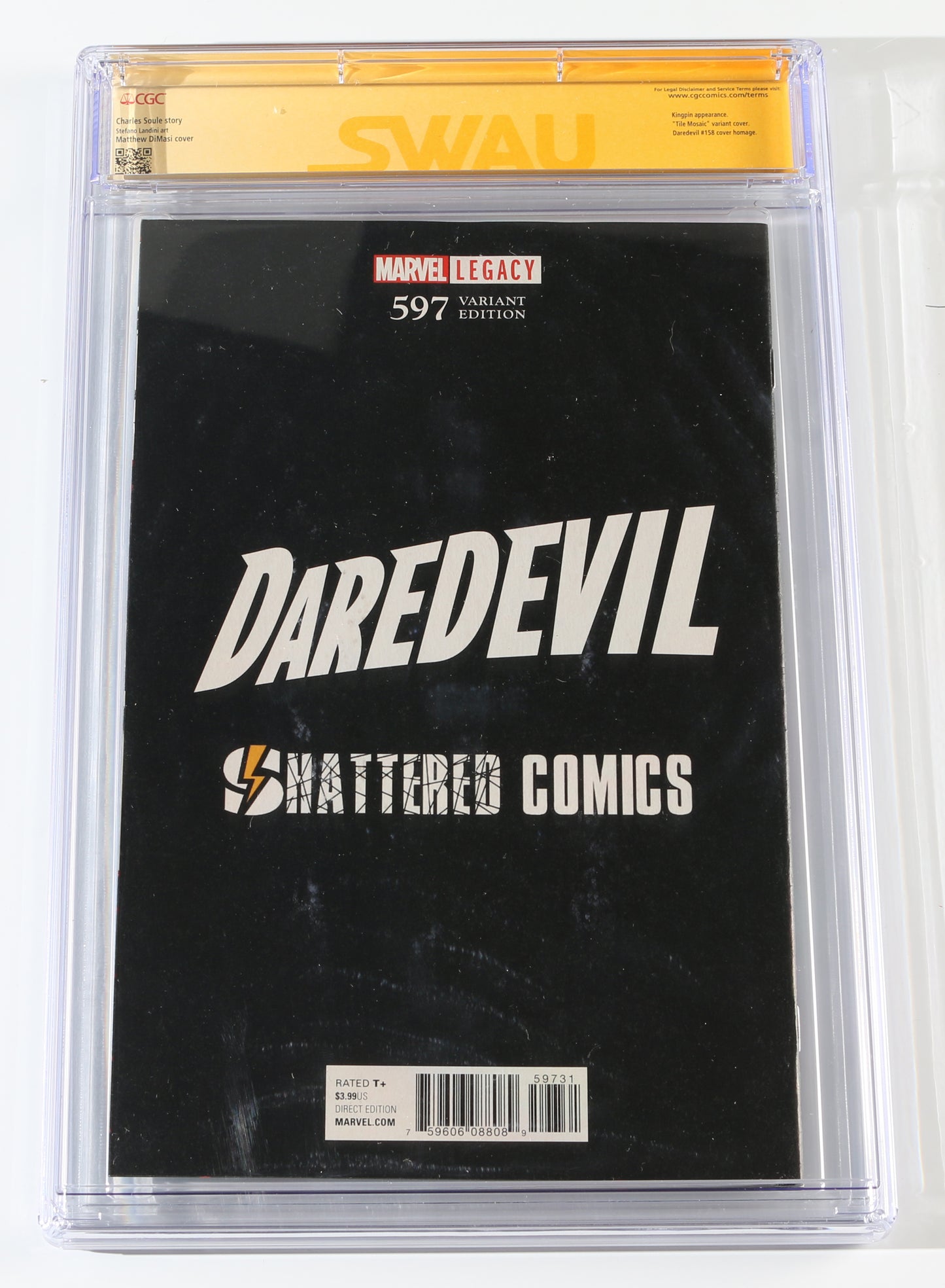 
                  
                    Daredevil #597 Shattered Comics Edition - Charlie Cox as Matt Murdock / Daredevil, Vincent D'Onofrio as Wilson Fisk / Kingpin, & Writer Frank Miller  (CGC Signature Series 9.8) 2018
                  
                