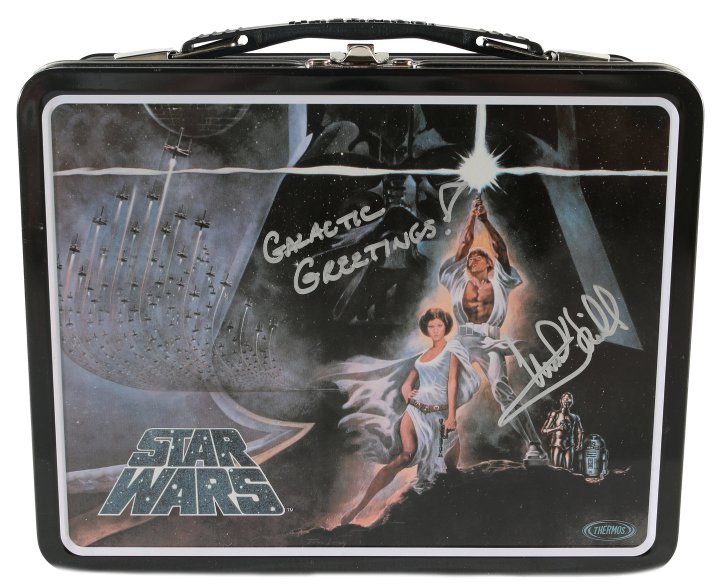 
                  
                    Mark Hamill as Luke Skywalker in Star Wars: A New Hope Signed Lunch Box with Quote
                  
                