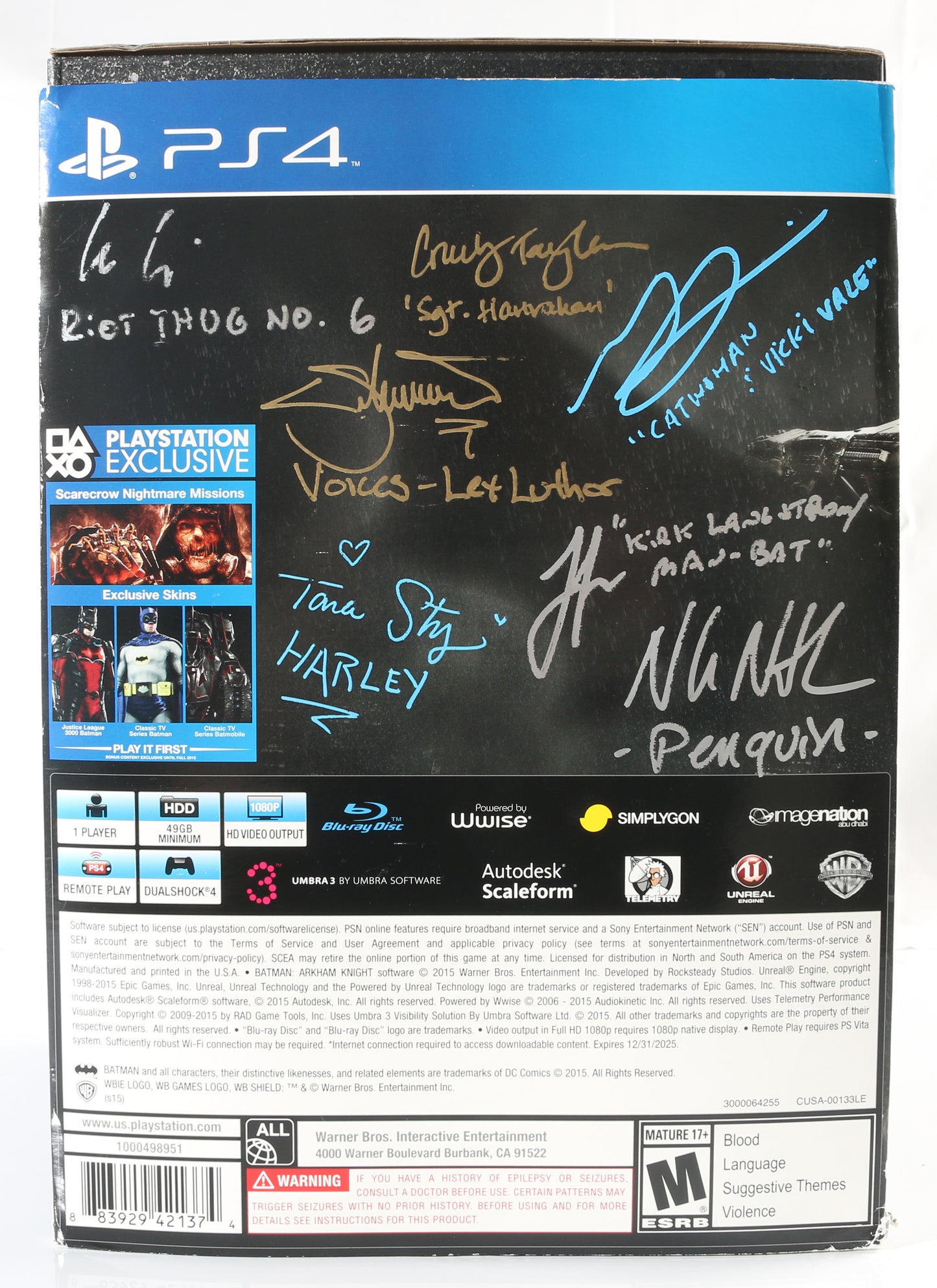 
                  
                    Batman: Arkham Knight Limited Edition PS4 Game Signed by Kevin Conroy, Troy Baker, Loren Lester, Tara Strong, Carlos Alazraqui, Grey DeLisle, Nolan North, Courtenay Taylor, & Keith Silverstein
                  
                