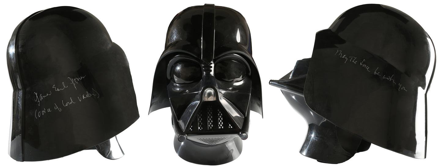 
                  
                    Darth Vader from Star Wars Full Size Prop Replica Helmet Signed by James Earl Jones with Rare 'Voice of Lord Vader' Character Name & MTFBWY Quote + Letter of Provenance Signed by JEJ
                  
                