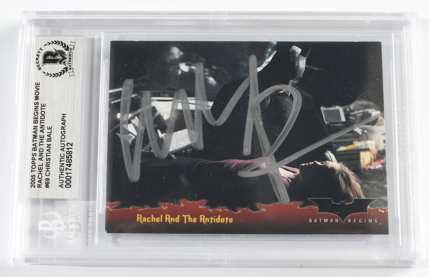 
                  
                    Christian Bale as Batman in Batman Begins (Beckett Slabbed) Signed Topps 'Rachel & the Antidote' #69 Trading Card
                  
                