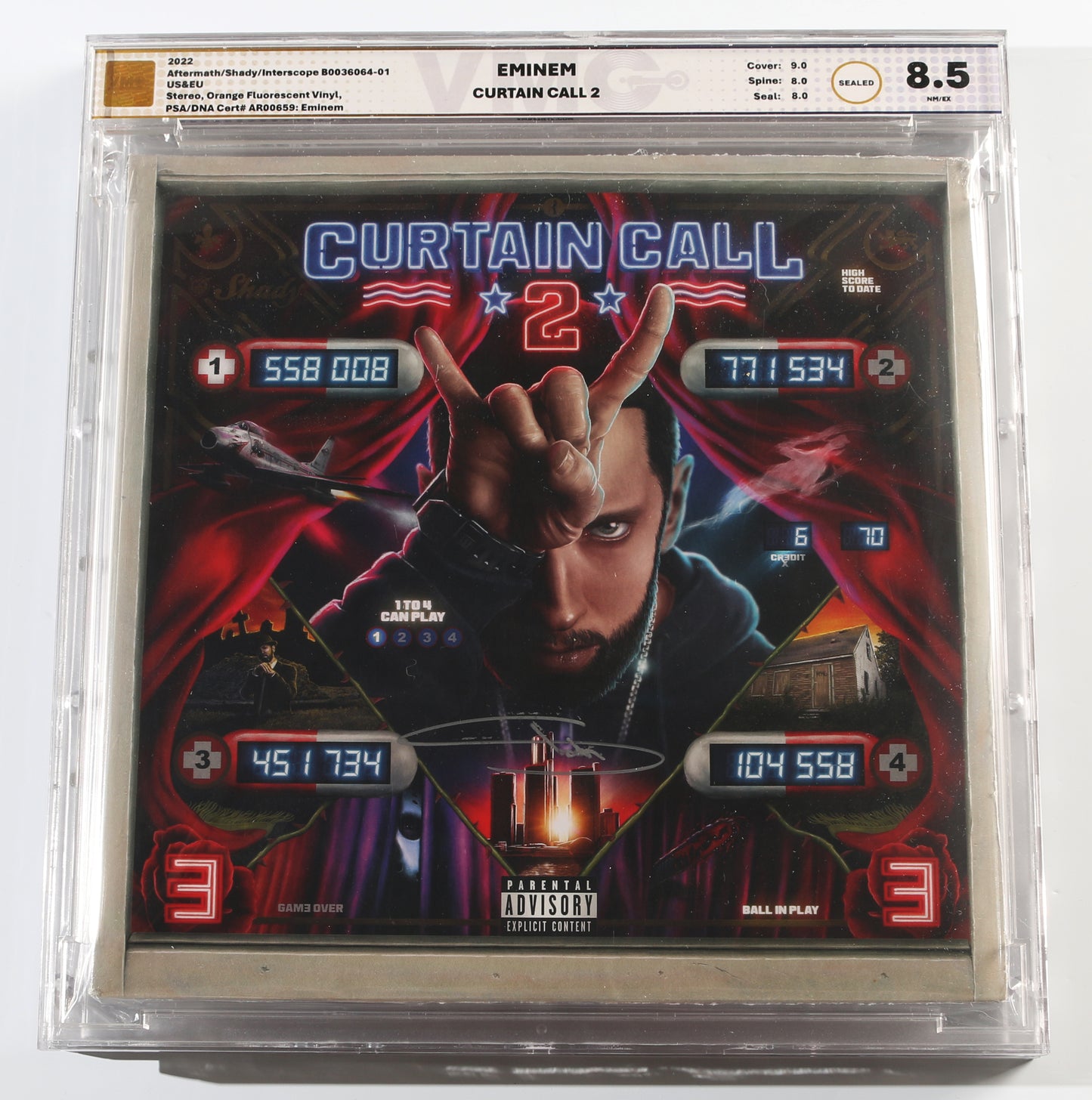 
                  
                    Curtain Call 2 12" Orange Fluorescent [Sealed] Vinyl Record (SWAU / PSA / VMG Encapsulated 8.5) Signed by Eminem
                  
                