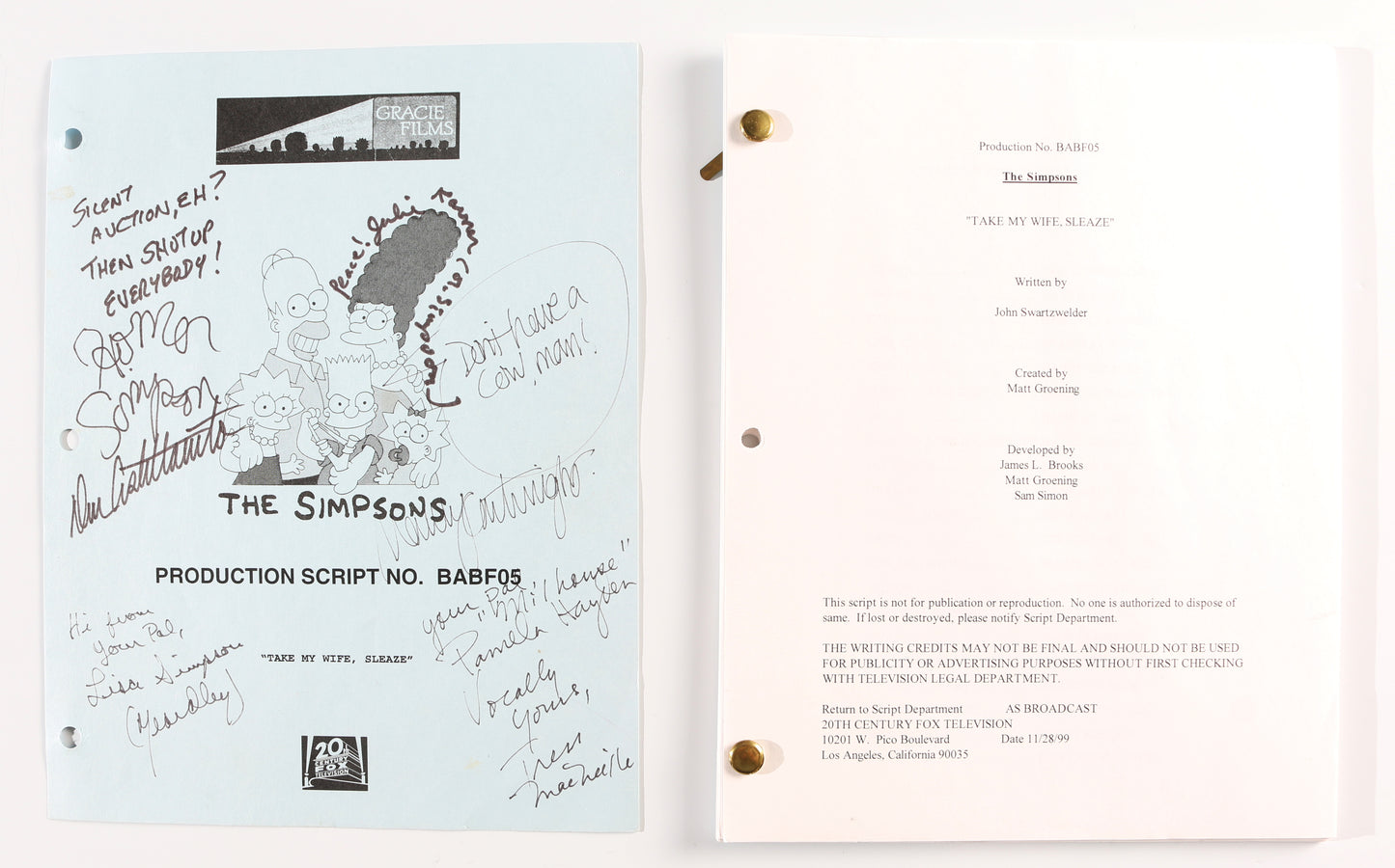 
                  
                    The Simpsons 'Take My Wife, Sleaze' Original Production Script Cast Signed by Dan Castellaneta, Nancy Cartwright, Julie Kavner, Yeardley Smith, Pamela Hayden, & Tress MacNeille
                  
                