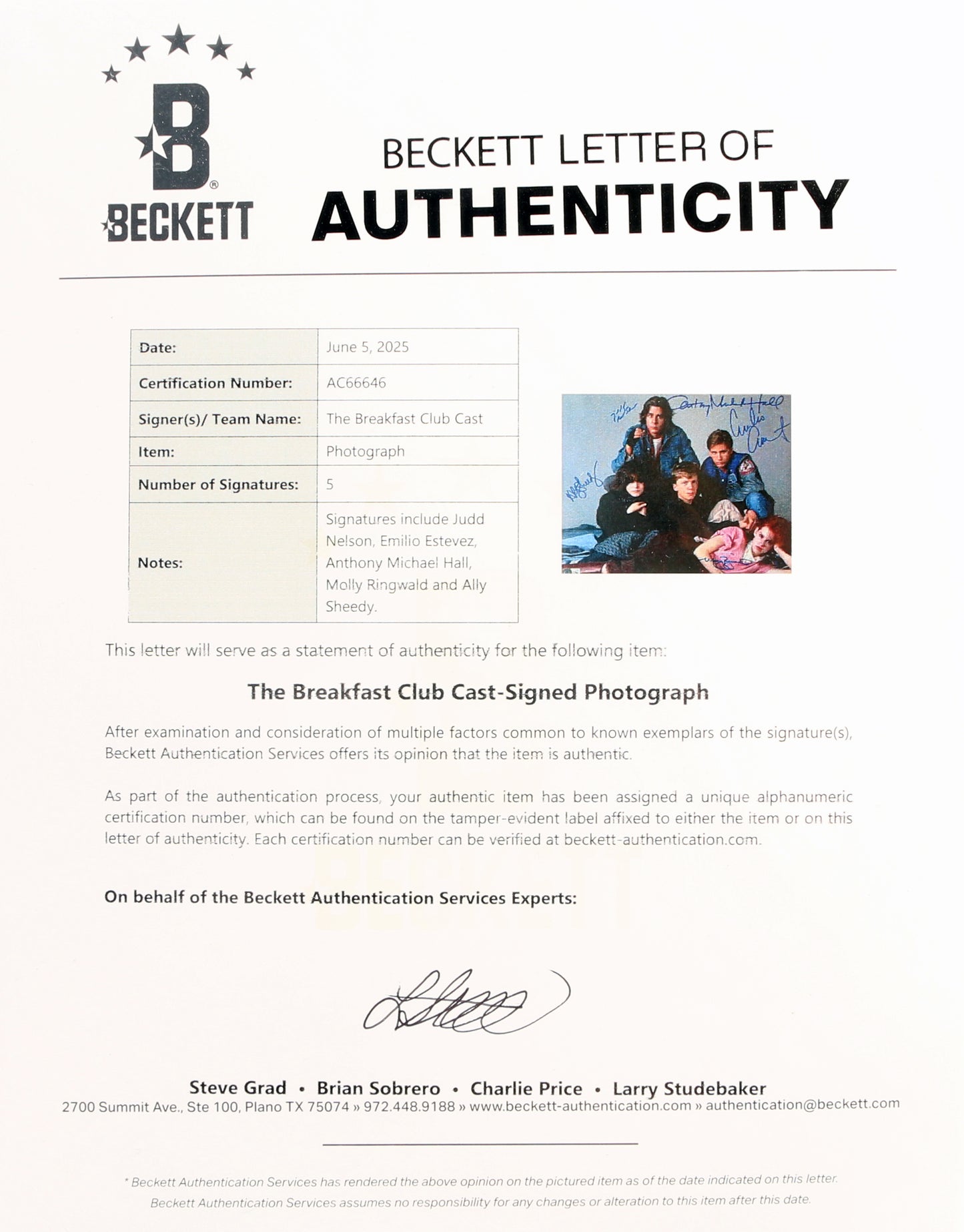
                  
                    The Breakfast Club (Beckett) 12x15 Photo Cast Signed by Molly Ringwald, Ally Sheedy, Judd Nelson, Emilio Estevez, & Anthony Michael Hall
                  
                