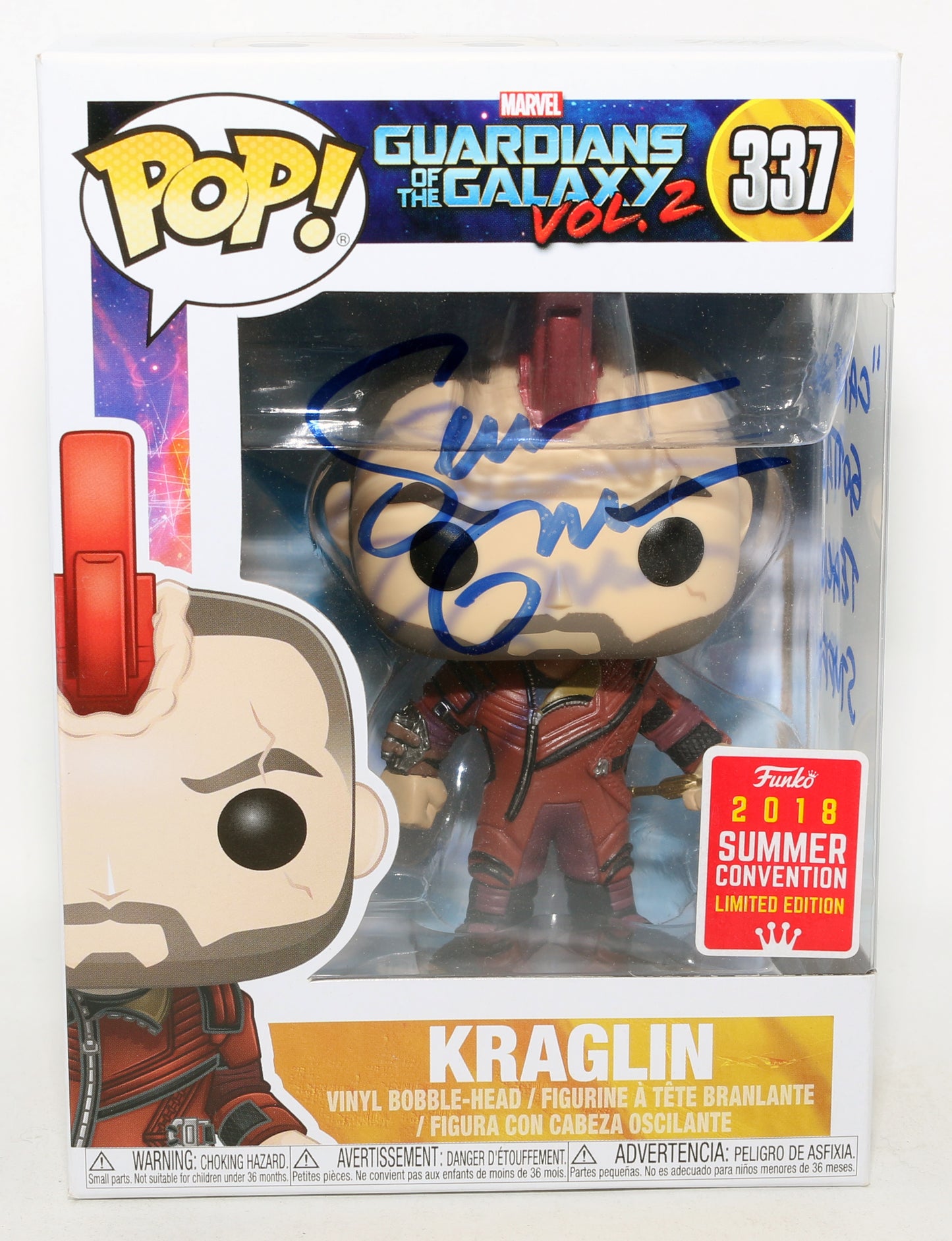 
                  
                    Sean Gunn as Kraglin Obfonteri in Guardians of the Galaxy Vol. 2 2018 Summer Convention Limited Edition Signed Funko POP! #337 with Quote
                  
                