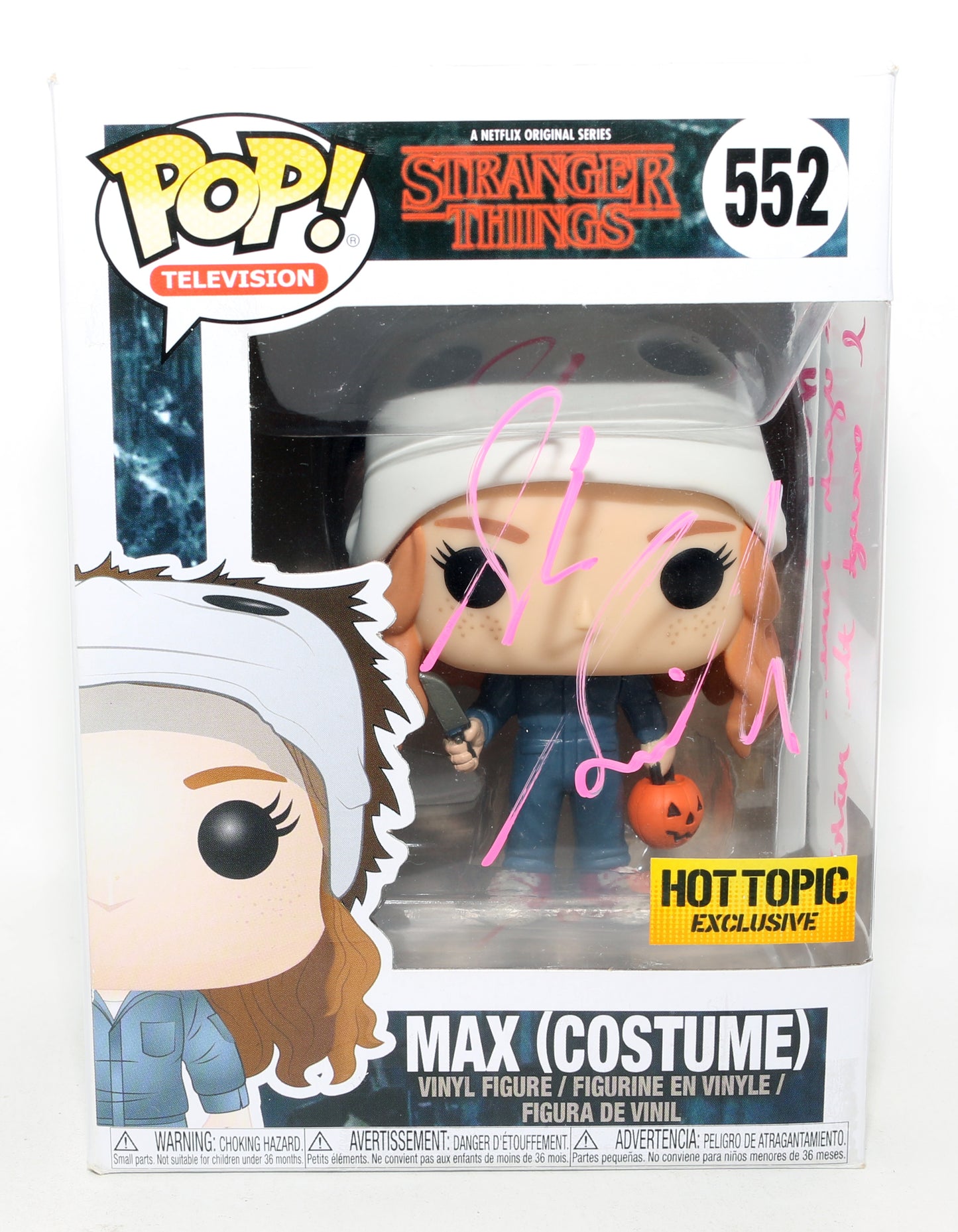 
                  
                    Sadie Sink as Max Mayfield in Stranger Things Hot Topic Exclusive (SWAU) Signed Funko POP! #552 with Quote
                  
                